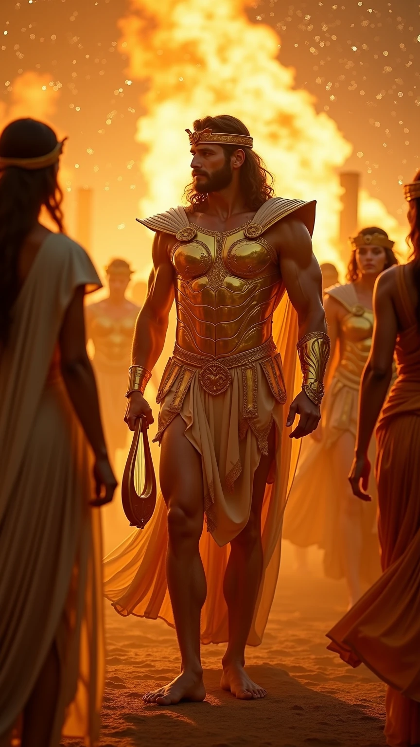 Create an image of a regal, yet naked, king parading through a city street, while a crowd applauds with forced smiles and hesitant claps. Somewhere in the scene, a child is seen, either far away or hidden in the crowd, with a look of truth and bravery, about to question the king.