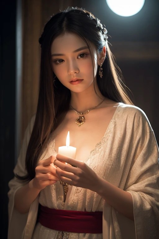 (top-quality, masutepiece, Hi-Res), 1 Bewitching Japan models, 35 years old,Colossal tits,Western fortune teller costume, Hair Ornament, a necklace, jewely, Beautiful face, Serious gaze, Eyes closed,Photorealistic, Fortune-telling room, Candles on the table, Tarot Cards, Rim lighting, two tone lighting, (high-detail skin:1.2), 8K UHD, Digital SLR, Soft lighting, hightquality, Volumetric lighting, Candid, a picture, hight resolution, 4K, in 8K, Bokeh,darkened room,Sitting in front of a big flame,