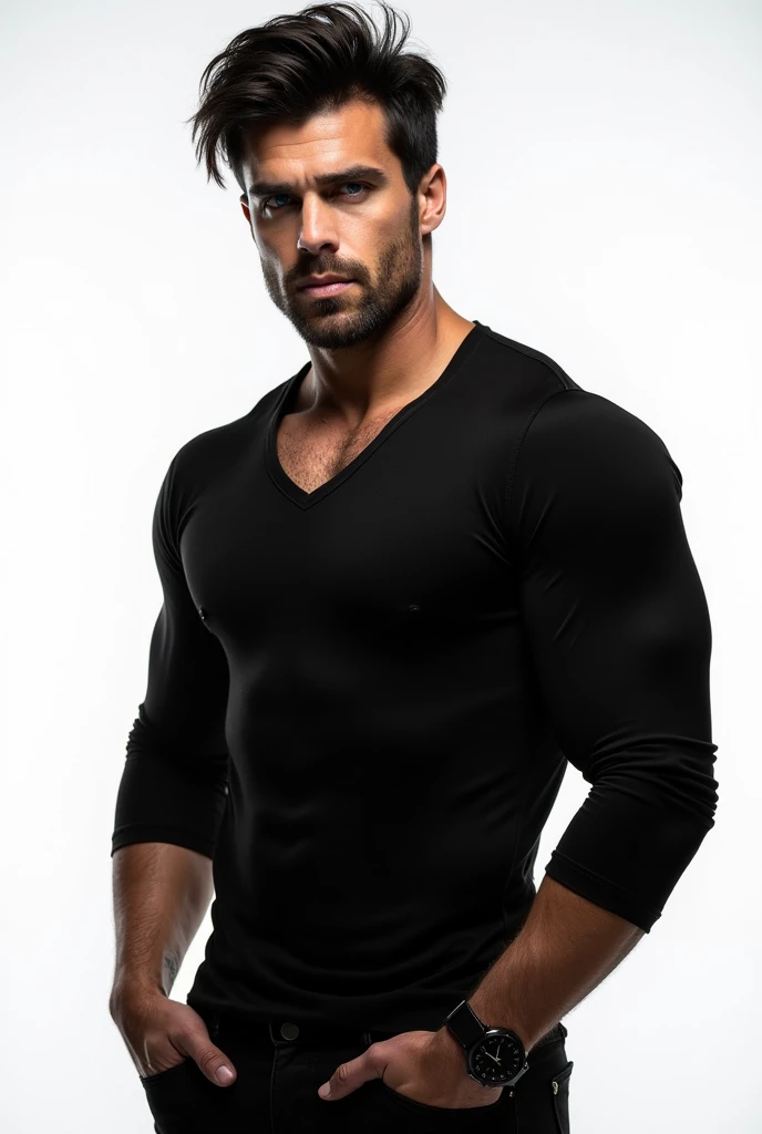 (((hyper realistic face)))(((extreme realistic skin detail))) (face with detailed shadows) (masterpiece, highest quality), (realistic, photo_realistic:1.9), ((Photoshoot))) A very muscular indian young man with slightly tan skin, very short hair, and a charismatic smile, captured laughing and looking to the side in a relaxed pose with one hand in his pocket and the other holding a drink. He has a masculine face with distinct features. He wears a white short-sleeved linen shirt, black chino pants, and sockless boat shoes, complemented with accessories like a stylish watch and some leather or metal bracelets. He has a broad and muscular neck, thick arms with tight-fitting shirt sleeves, a wide chest with the shirt semi-open to reveal a muscular and lightly hairy chest, a slim waist, thick legs and thighs with tight-fitting pants on the buttocks and thighs. He is at a Christmas  on the rooftop terrace of a hotel in Miami at night, surrounded by 3 people enjoying the festive atmosphere, with festive lights, Christmas decorations, and a stunning view of the city. The photo, perfect for Instagram, is taken with a Canon EOS 5D Mark IV in RAW configuration and a wide-angle lens, using backlighting to highlight the festive atmosphere, the silhouette of the very muscular young man, and the people in the environment, with sharp focus and careful composition for maximum visual impact. sharp focus, 8k, UHD, high quality, frowning, intricate detailed, highly detailed, hyper-realistic