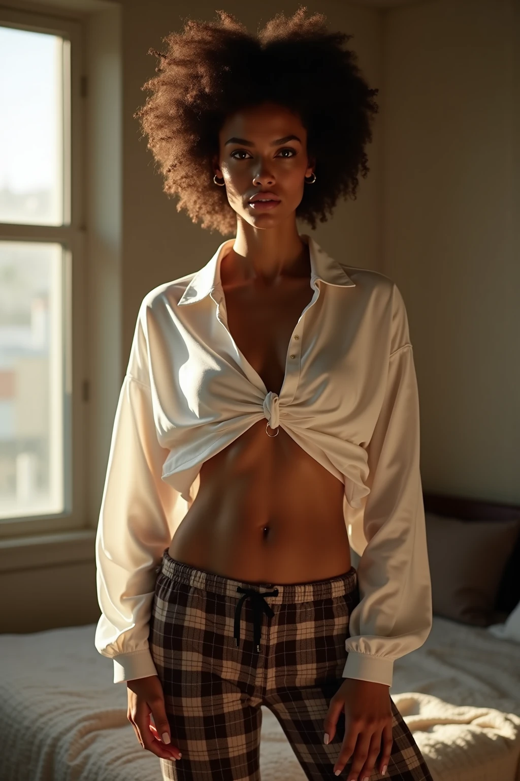 seductive gorgeous lightskin afro-latina woman, curly afro, small breasts, massive perfect shaped ass, thick muscular thighs, flannel pajama pants, comfy oversized shirt, on couch