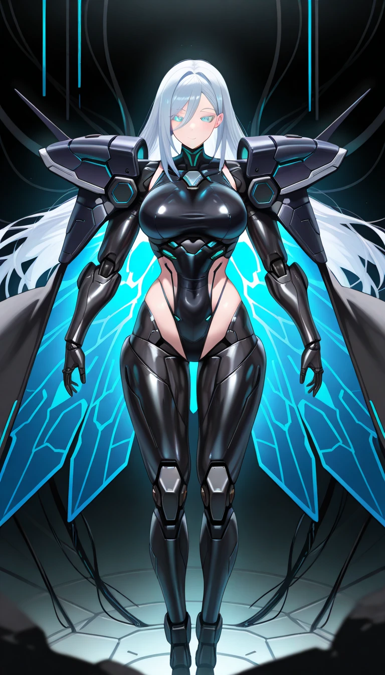 1girl, white skin, light skin, smile, light smile, blue hair, short hair, blue eyes, large breasts, breasts, wide hips, black bodysuit, bodysuit, sleeves, short sleeves, pantyhose, black pantyhose, futuristic, science-fiction, neon trim, neon, full_body, ((full body)), standing