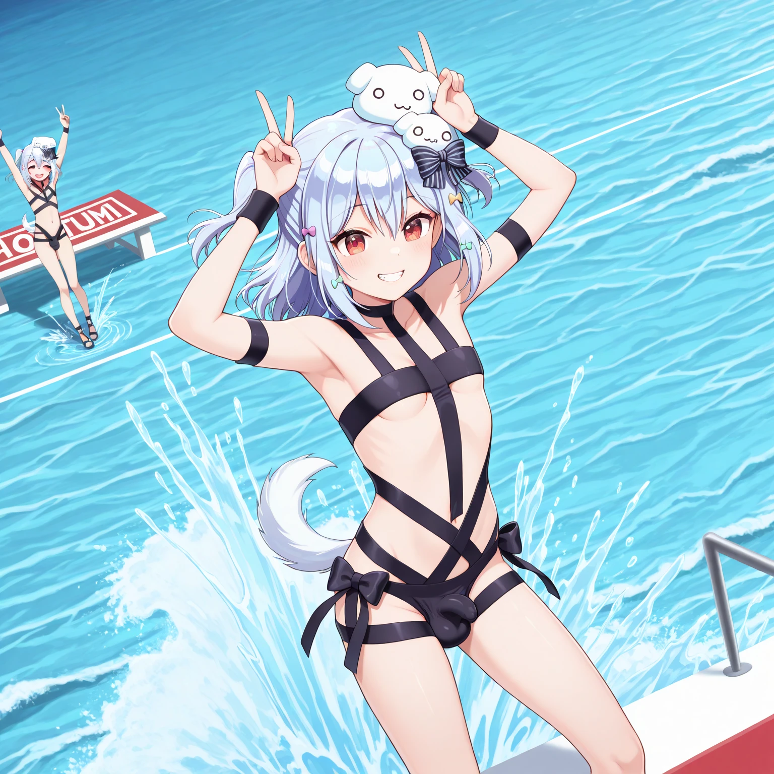 Ocean、Silver-haired, red-eyed girl、Swimwear、Two girls playing beach volleyball in the background、2d, masterpiece, best quality, anime, highly detailed face, highly detailed eyes, highly detailed background, perfect lighting, cowboy shot, 1girl, solo, collared dress, short dress, short sleeves, blue jacket, black thighhighs, detached hair, long hair, low twintails, bob cut, necktie, headgear, white gloves, elbow gloves, wide hips, smile, standing, spacecraft interior