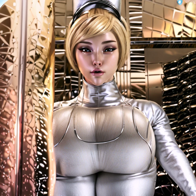 realistic,photo, 8k masterpiece, <lora:sorayamaStyleHajime_v11:0.45>,(Sorayama Style:1.4),mature caucasian woman, (silver and gold mettalic skin),robot, futuristic, mettalic hair, fat, chubby, <lora:negligee_v10:0.75>, negligee