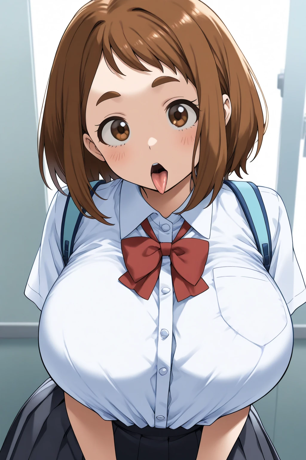 nsfw, nipples, (day:1.7), Japan, Tokyo, CityView, Before Window, a classroom with desks,chalkboard, classroom, desk, indoors,school desk, school chair,
Standing at attention,
brown pleated skirt,
brown hair,brown eyes,ponytail,
1 girl, 18yo,Young female,Beautiful Finger,Beautiful long legs,Beautiful body,Beautiful Nose,Beautiful character design, perfect eyes, perfect face,
looking at viewer, in the center of the image,
NSFW,official art,extremely detailed CG unity 8k wallpaper, perfect lighting,Colorful, Bright_Front_face_Lighting,
(masterpiece:1.0),(best_quality:1.0), ultra high res,4K,ultra-detailed,
photography, 8K, HDR, highres, absurdres:1.2, Kodak portra 400, film grain, blurry background, bokeh:1.2, lens flare, (vibrant_color:1.2)
(Beautiful,large_Breasts:1.4), (beautiful_face:1.5),(narrow_waist), smile, sweat