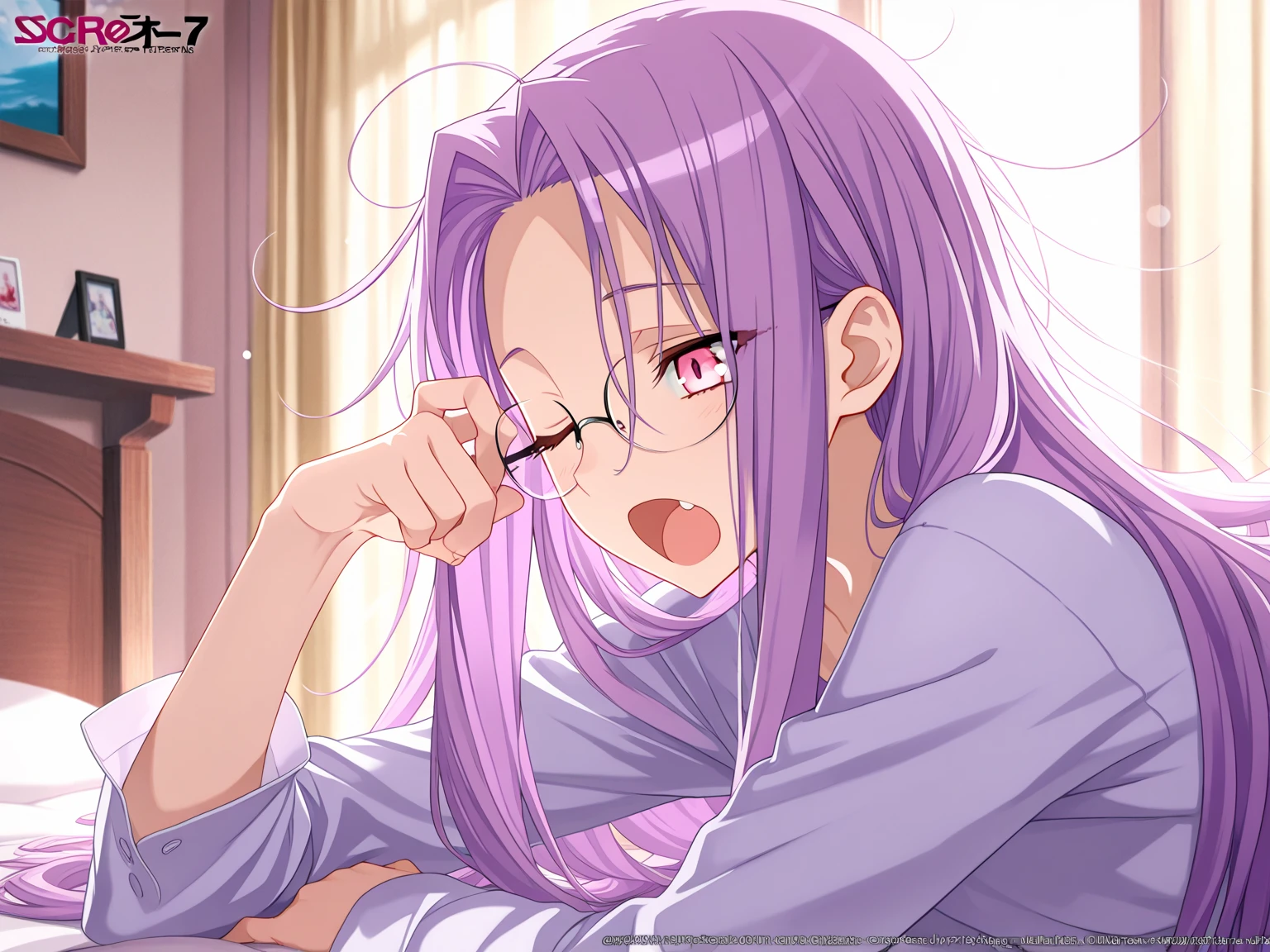master piece , best quality , ultra detailed , score_9 , score_7_up , 1 woman , Medusa (Rider) , MedusaFS,purple hair, long hair, pink eyes, glasses, yawning , sleepy , one eye close , scratching head , bedroom , morning sun,