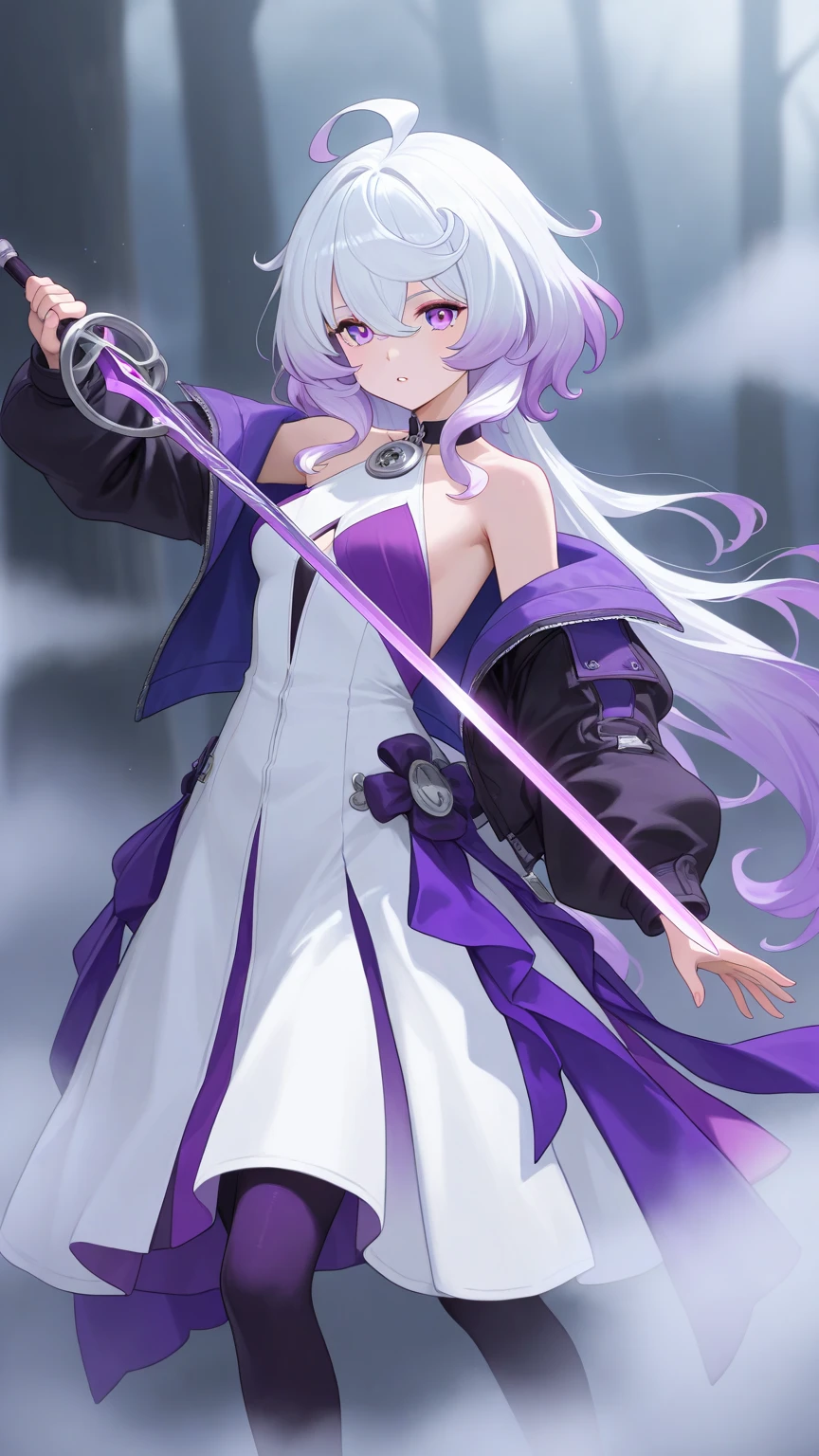 Colorful, 1 girl, White hair, Purple eyes, Sexual, double hilt, sword, hand sword, blue flame, glitters, shiny weapon, Light particles, the wallpaper, color difference,