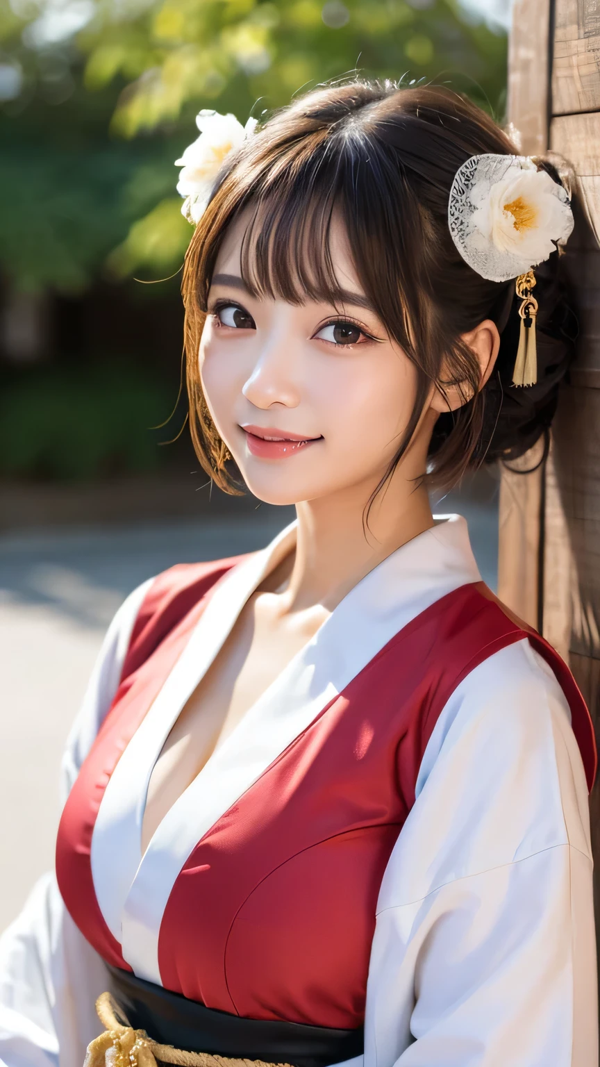 (masterpiece:1.3), (8K, Photorealistic, Raw photo, Best image quality: 1.4), Japanese 、Take a full-body photo,White kimono、Red long skirt、Shrine maiden、Cute costume,Japanese hairstyle,crystal,Natural color lip,(Random Hairstyles:1.2)、Cleavage:1.2、Super detailed face、Attention to detail、double eyelid、Put your chest together、Sharp focus:1.2、Beautiful woman:1.4、Black Hair、highest quality、masterpiece、超A high resolution、(Photorealistic:1.4)、Highly detailed and professionally lit smile、