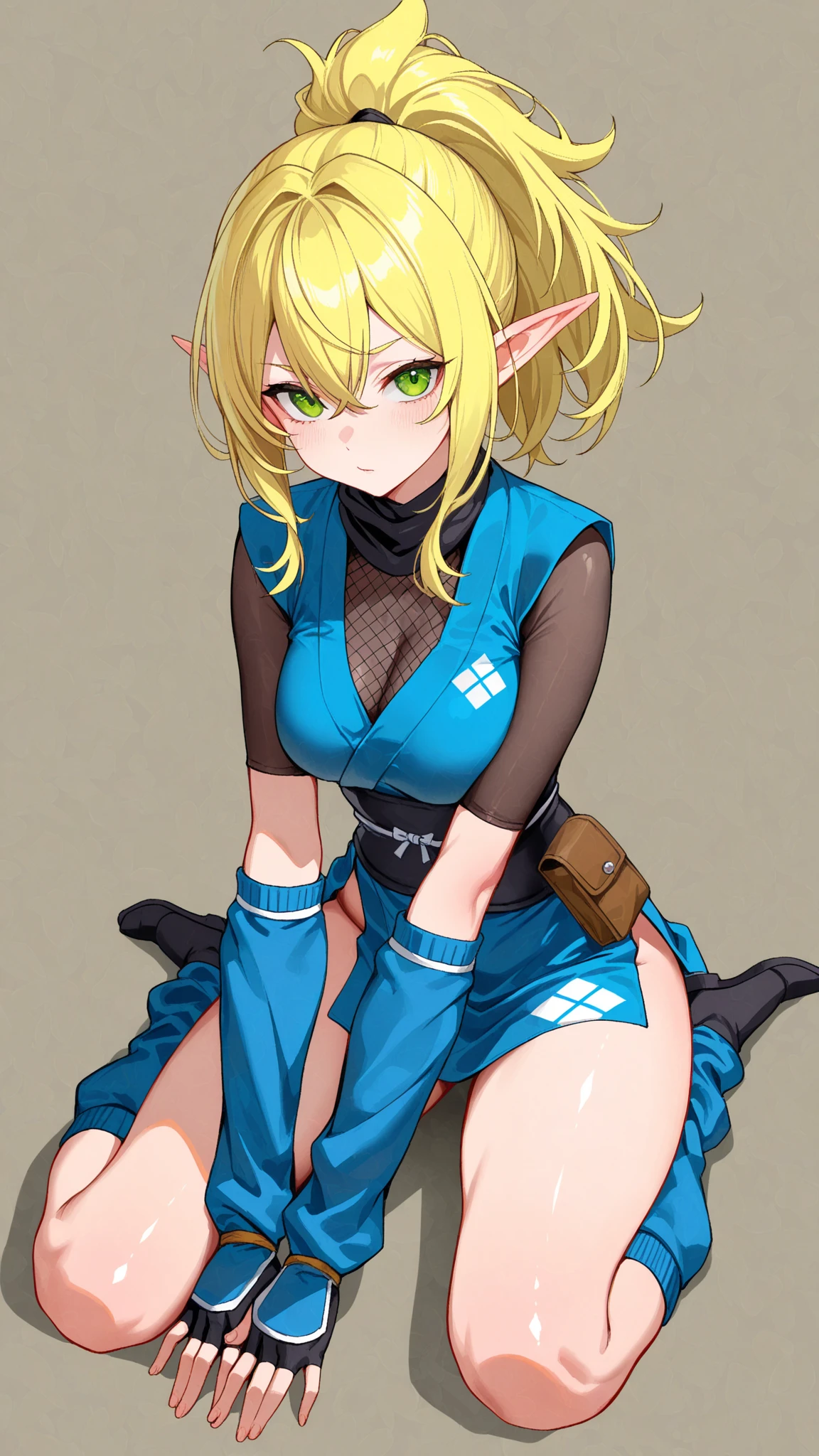High resolution, Very detailed, perfect lighting, beautiful detailed eyes, ((masterpiece,Best Quality)), absurdities, alone, princess zelda, by the width, crown braid, Hair clip, pointy ears, Gloves without fingers, black gloves, smile, curves, nod, , deep neckline, deep neckline, green military thong, touching her breasts in a sexy way, close up, pigtails with bangs, pigtails with bangs, touching her breasts in a sexy way, teal eyes, close up, pigtails with bangs, green military beret, Slim fit sailor suit, Slim fit sailor suit, short black skirt, On knees, On knees, green military beret, green military stockings, crouched on her knees, overhead, overhead, view from behind, view from behind, big ass, pigtails with bangs, sexy blue lingerie, blonde, ass focus