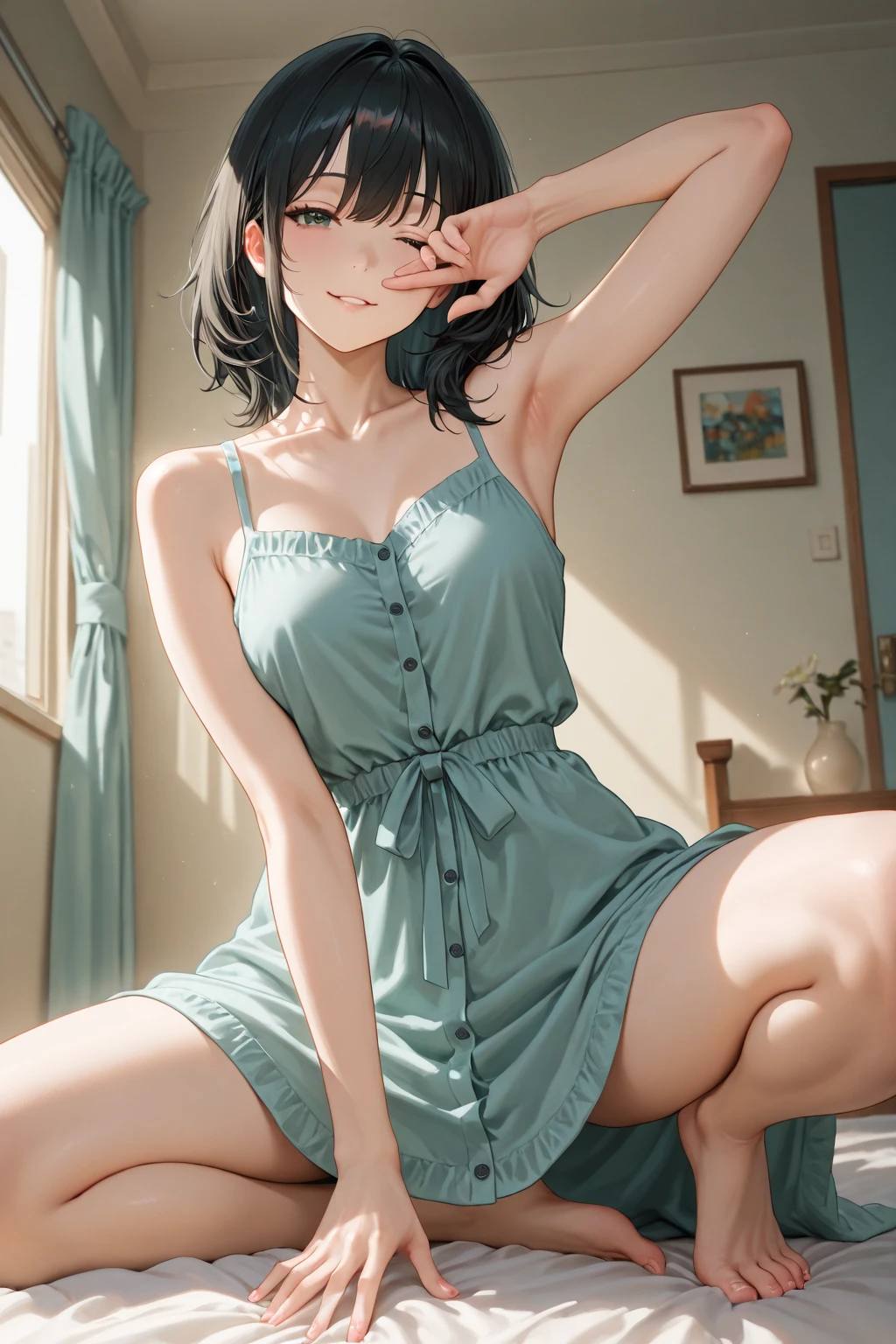 (extremely detailed body, 8k, best quality, masterpiece:1.2), full body view, extremely detailed face, A slender girl, 13 years old, has an extremely petite figure, extremely thin body, extremely small breasts, flat chest, slender torso, extremely thin waist, extremely thin thighs, smooth translucent white skin, pale milky porcelain white skin, ((extremely thin see-through transparent) (open-chest clothes)), ((extremely thin) (ultra-shorted (crotch level length)) (light green micro mini skirt with short frill)), lying on the bed, sleeping on the bed