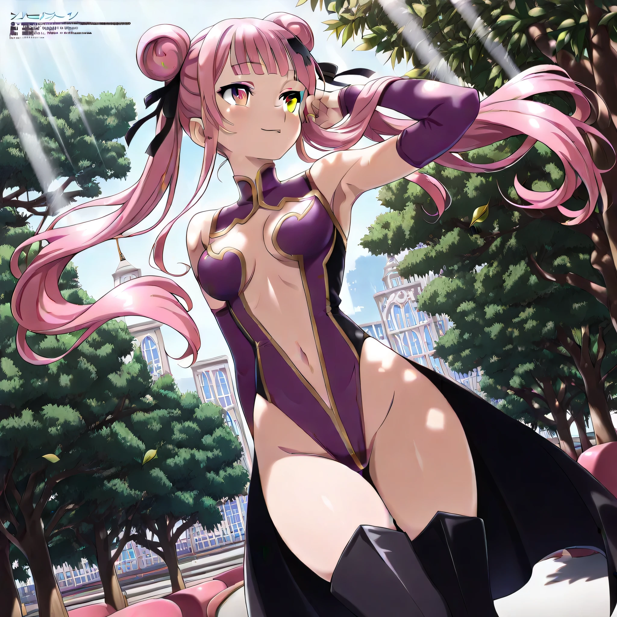 best quality, insanely detailed, nino nakano, breasts, blush, outdoor background, bare-shoulder, looking at viewer, garter strap, a black ribbon, pantyhose, highleg leotard, nipple