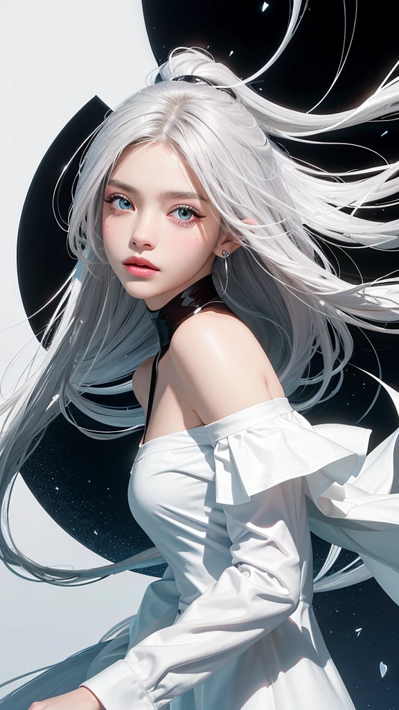 ((masterpiece:1.5、8k、Portraiture、Photorealistic and very detailed CG、Very detailed、Particle Effects、Dynamic Effects、Shallow depth of field、Cinematic Light、Lens flare、Ray Tracing、Tabletop、Realistic:1.4、Ultra-high resolution:1.2、Realistic、Realistic))((alone、,A woman wearing a cashmere coat over an off-the-shoulder dress:1.4、wear a long scarf、White Belt、coat、Elegant woman posing、Detailed face、brightexpression、young, bright, Whiter skin、small breasts、Best Looks、Ultimate beauty、Shiny silver hair with highlights、bright and shiny hair,、Super long, Silky straight hair、Hair dancing in the wind))(morning、outdoors, winter, snow falling)