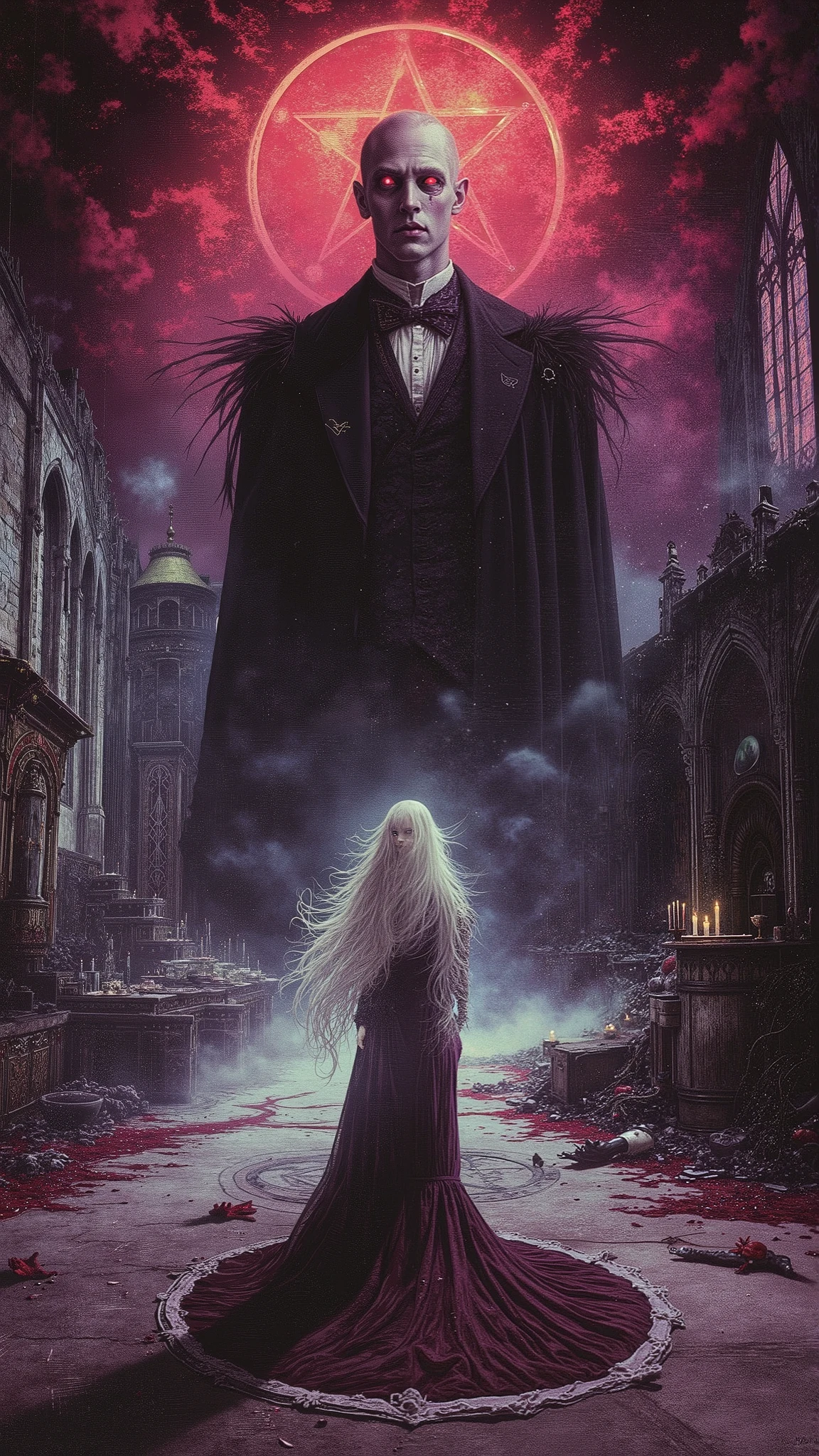 Anime-style gothic horror comic poster, 'The Devil's Call', featuring a hauntingly beautiful scene with intricate details and dramatic lighting. A pale, androgynous protagonist with long silver hair stands at the center, their Victorian-inspired lace robe billowing as if caught in an unseen wind. Their eyes glow with an eerie crimson light, reflecting the massive inverted pentagram burning in the sky above.
Behind them looms a towering, elegant demon with porcelain-white skin, dressed in a decadent suit of black silk and gold embroidery. The demon's features are perfectly symmetrical, except for a grotesque, too-wide smile revealing rows of needle-like teeth. His shadow morphs into swirling tendrils of darkness that creep toward the summoner.
The background reveals a ruined cathedral kitchen - shattered stained glass windows depict blasphemous feasts, while floating grimoires and broken teacups hover in midair. The floor is covered in melted wax from black candles, forming occult symbols. Ghostly hands emerge from a summoning circle, grasping at the protagonist's ankles.
Textured with a vintage comic book halftone effect, the poster features dramatic typography in blood-red and gold, with the title 'The Devil's Call' dripping like fresh ink. The color palette combines deep blacks, velvety purples, and sickly sweet pastel pinks for a disturbing contrast. Ultra-detailed, high-resolution, in the style of Ayami Kojima meets Junji Ito, blending elegance with visceral horror.