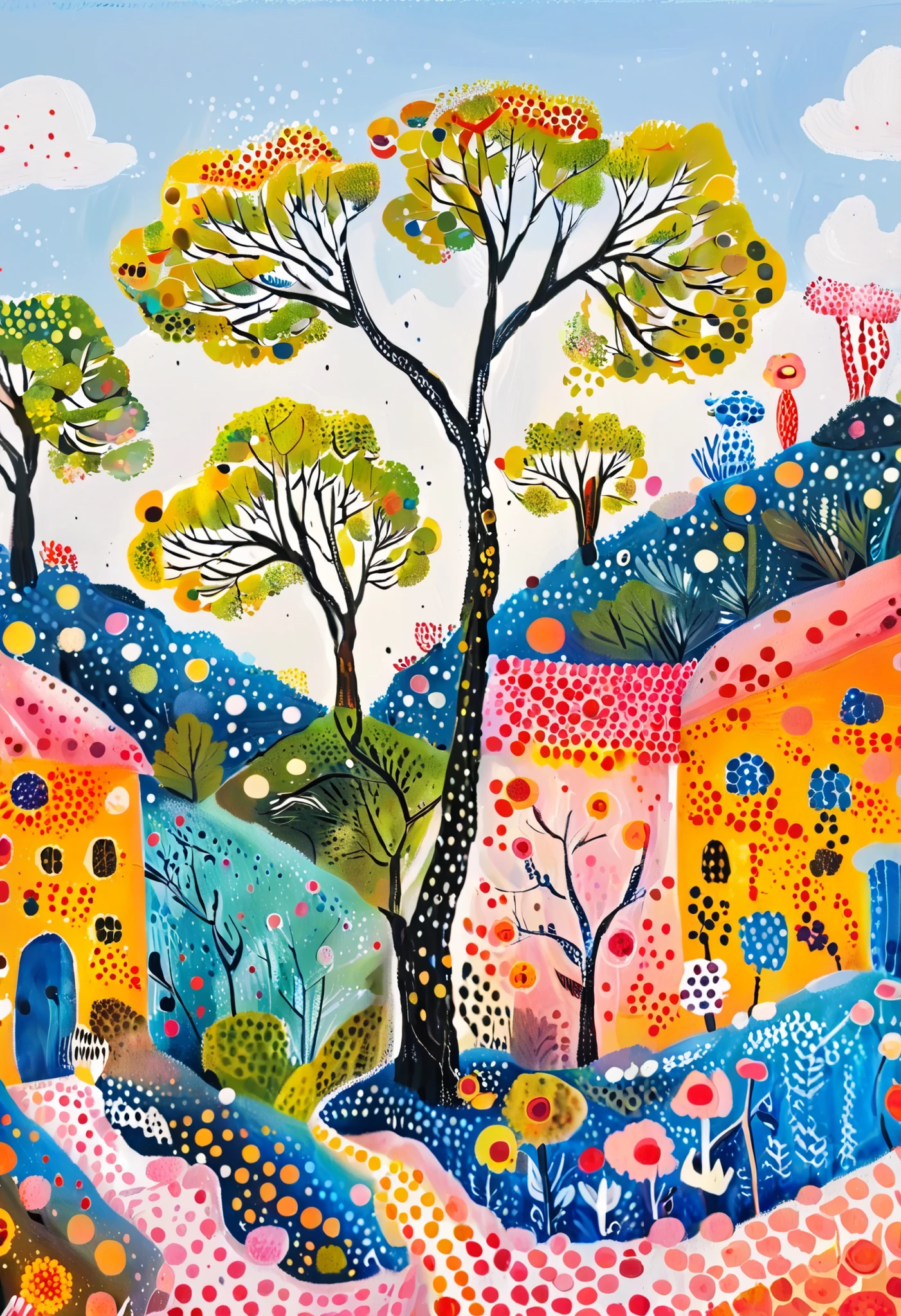tree々Colorful landscape painting with clouds ,  vivid gouache painting landscape ,  Whimsical Forest , 色とりどりのtree々 , treeのある丘 , Nature Painting , bright forest , 草原の丘の中のtree々 , colorful landscape painting , 詳細なtree , たくさんのtree , Forest Painting , Random Forest Scenery , tree々have lots of leaves , inspired by Henri Rousseau , inspired by Pasita Abad 
