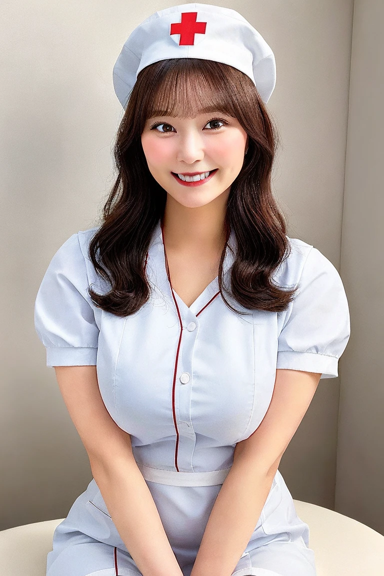 A woman posing for a photo, Japanese Model, Beautiful Asian Girl, 18 year old female model, 4K、Black-haired、Beaver、Long Hair、Straight hair、(Nurse uniform:1.4), (Super cute idol-like face:1.2)、Slim and beautiful figure、(Huge breasts:1.8),(Huge breastsの谷間:1.2)、Small smile、Thighs,hospital,(whole body)
