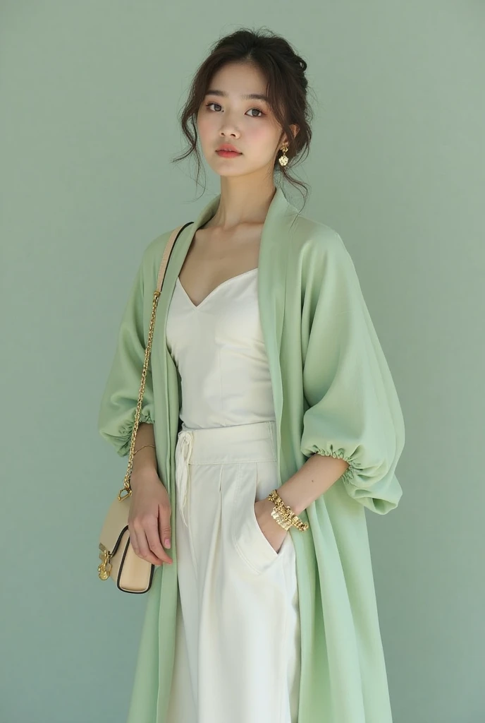 Mint green and white： Jacket：A mint green cotton T-shirt，Soft and breathable。 Bottoms：Pair with a pair of white high waist shorts，Simple and elegant。 Accessories：Choose a pair of white canvas shoes，Carry a mint green bag，Wear a white straw hat，Add a touch of summer。
