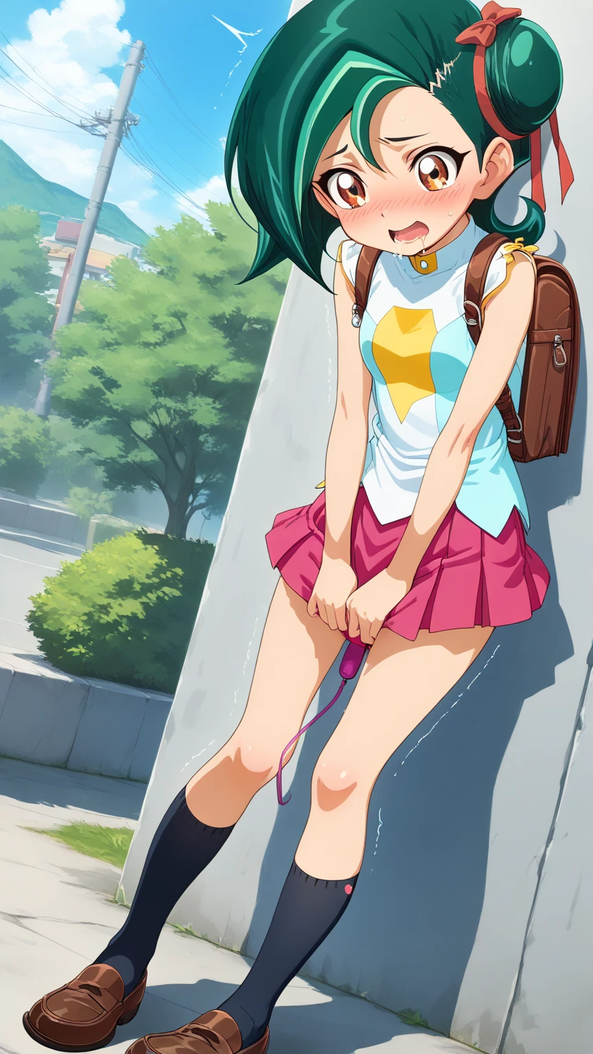 ruka,girl,alone, school uniform, green hair, skirt((A very painful look,very shy look,skirtの裾を自分でたくし上げる,Please clearly show your muscular pussy to the camera)), yellow eyes, shoes下, alone, twin tails, short hair, knee high, Jacket, shoes, alone focus, two side up, wood, blazer, loafers, outdoor, null, cloud,