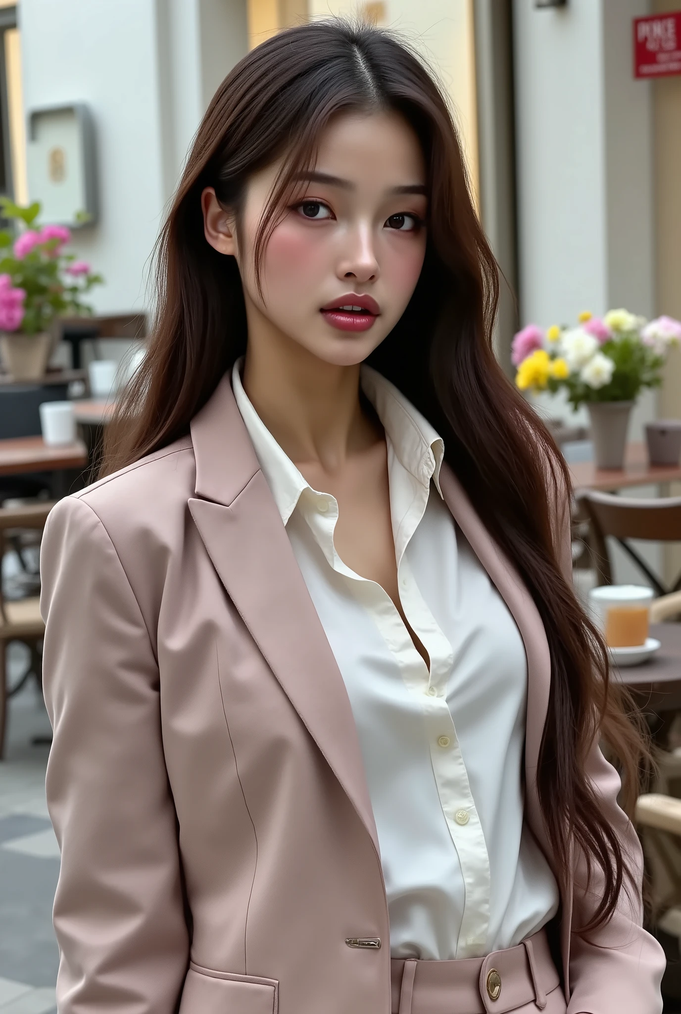 Beautiful girl with long wavy hair, with formal beige pants folded , white shirt and bleiser pink grey formal