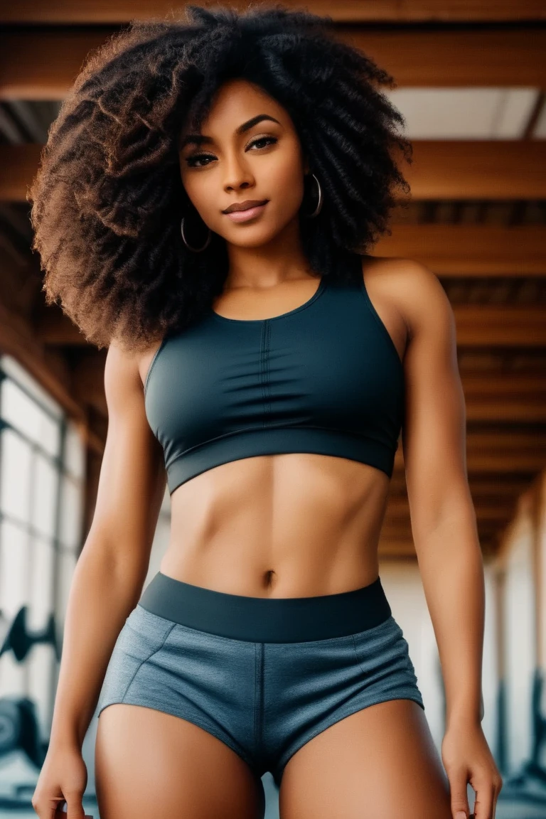 (Zazie Beetz beautiful and hot, wearing a large navy blue shirt, detailed honey eyes, Coiled eyelashes, sensual mouth with deep details, highly detailed kinetic face, highly detailed skin with depths, Voluminous and curly hair, perfection, symmetrical body, Waist slender, wide hip, medium breasts, perfection), ultra-realistic image, perfect symmetry, vibrant and clear, dynamic view, high level of detail and definition, 1200 PPI – Photographic resolution with greater color realism, hyperrealisti, high fidelity, cinematic, 8K UHD image resolution.