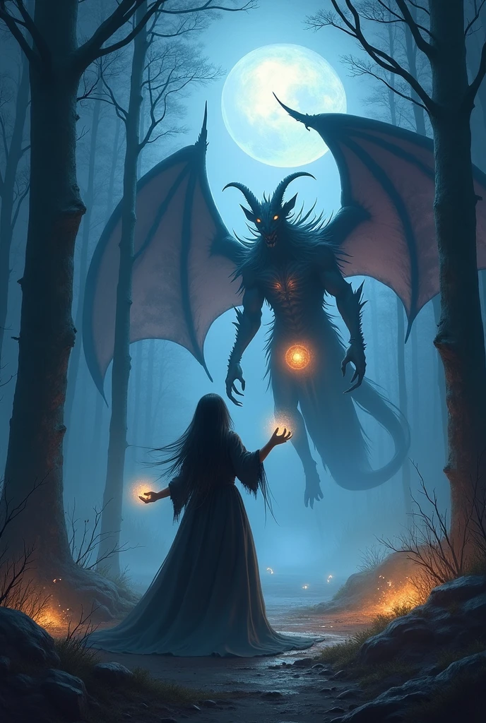 A fantasy artwork of a witch summoning a demon in a moonlit forest, glowing sigils in the air, mystical atmosphere, surreal lighting, ethereal smoke and sparks, the demon has multiple wings and glowing eyes, ultra detailed, high fantasy art, digital painting, 4K resolution
