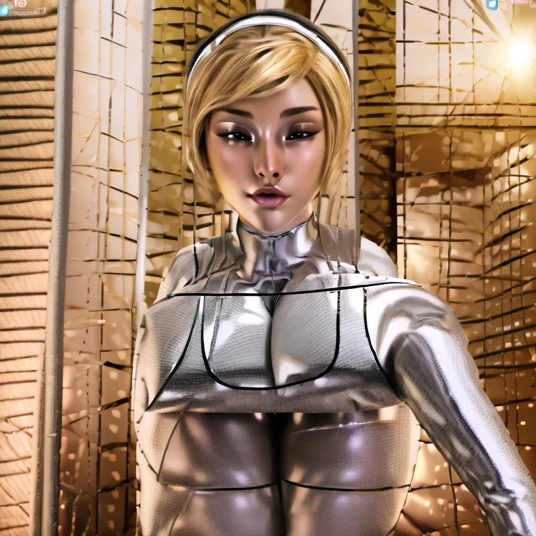 score_9_up, score_8_up, score_7_up, 1girl, solo, mature female, ((Storm)), afro skin color, white long hair, black eyes, pink lips, parted lips, fit slim body, ((perfect medium erected breast)), (((torn tight white latex suit with gold))), (((hangar with airplanes))), perfect model body, looking at viewer, naughty smile, kneeling and showing her tits, (((nude piercing tits)))(((from above)))