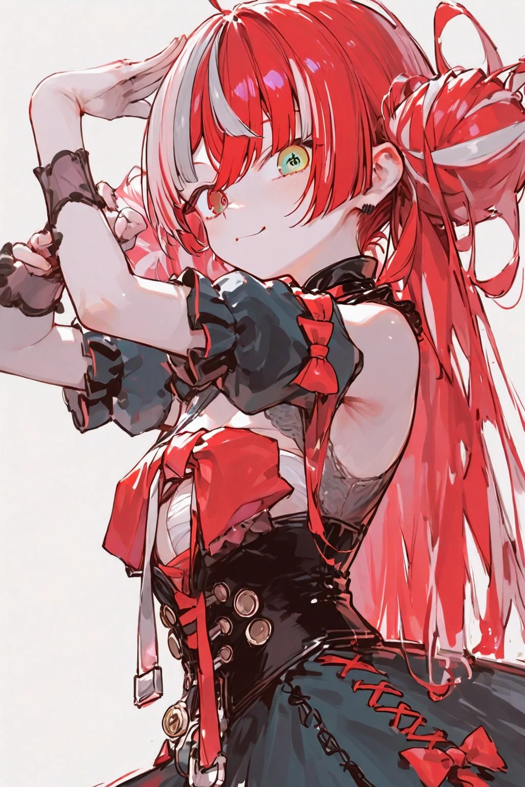 zero two \(darling on franxx\), darling on franxx, 1girl, fringe, bite, from behind, lying down, bed, blood, shadow, green eyes, horns, long hair, looking at the viewer, blood, small breasts, big ass, makeup, red bodysuit, pink hair, red eyeshadow, tight skin, solo, blood