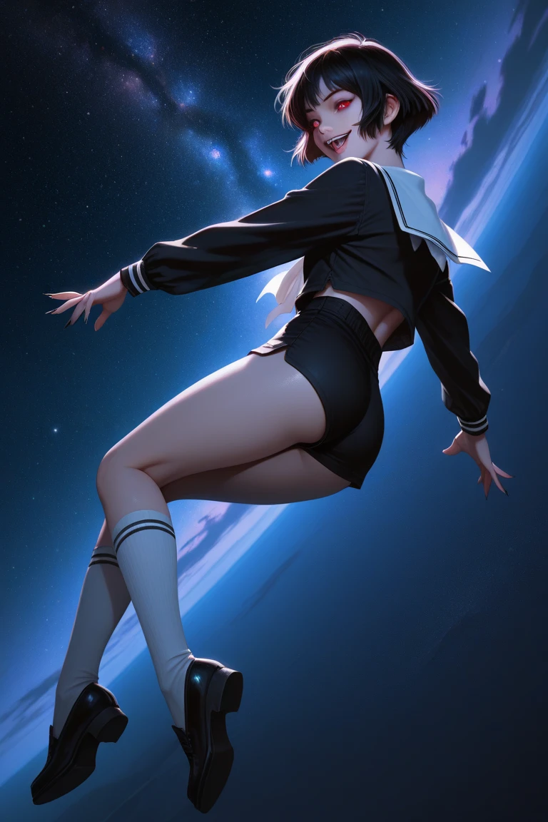{{Magic attack stance}},Raise one arm,{{action}},from below,wide shot,{{masterpiece}}, {{{Highest quality}}},{{Very detailed}},full body, dutch angle,Dynamic composition, Female Wizard,Raise your one hand and cast the magic、shorts,　Black pantyhose　Sea of stars　Starry sky background,nebula,universe space,