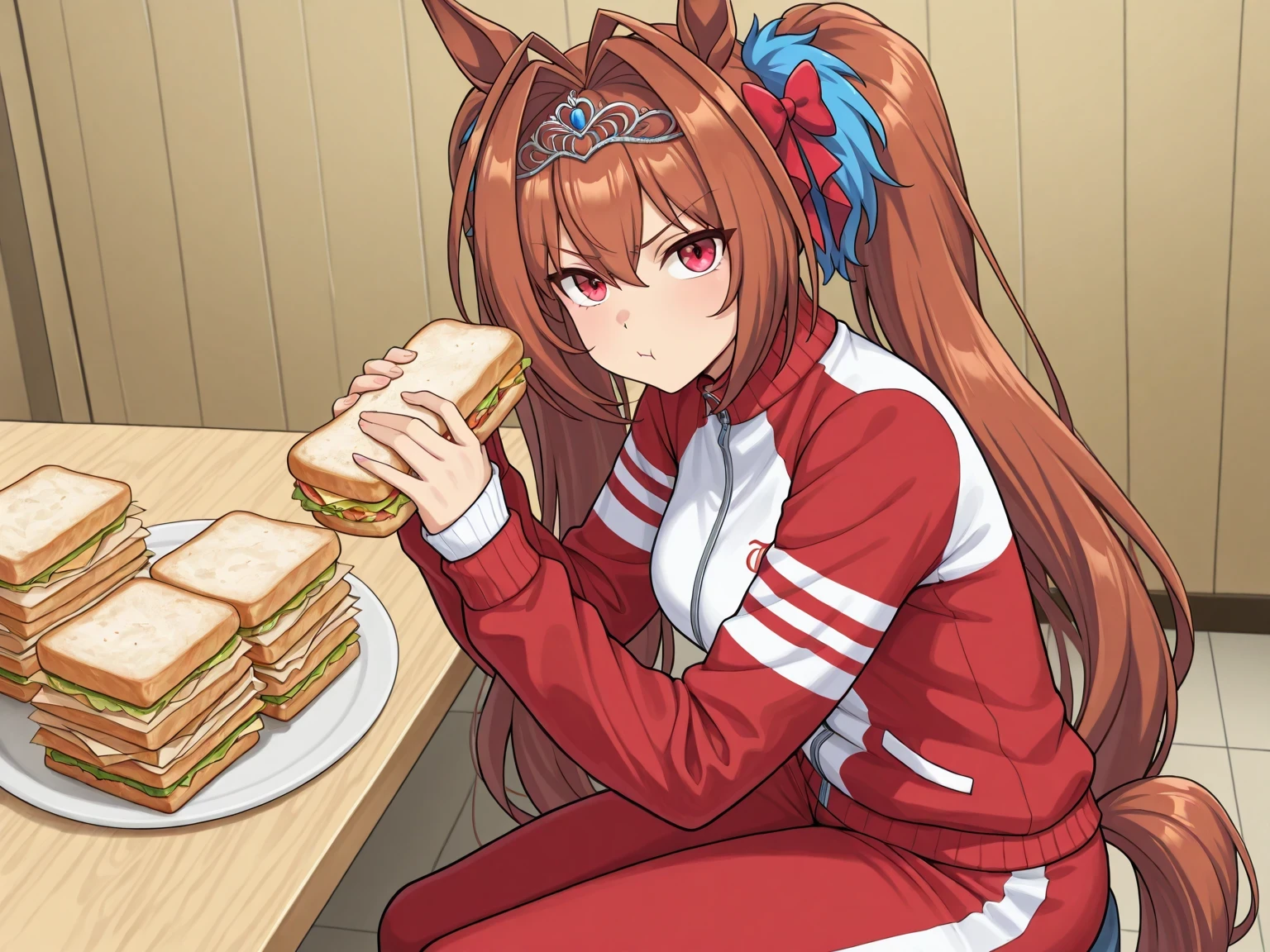 best quality,hyper-detailed, anime style,1girl,solo, side view, face look at viewer, dwstdef, horse tail, brown hair, hair intakes, hair between eyes, twintails, hair bow, red bow, tiara, animal ears, red eyes,medium breast,tracksuit,gym pants,Pouting face,Hold Sandwich, indoor room, Ceramic floors, walls, dining table, A pile of sandwiches on the dining table