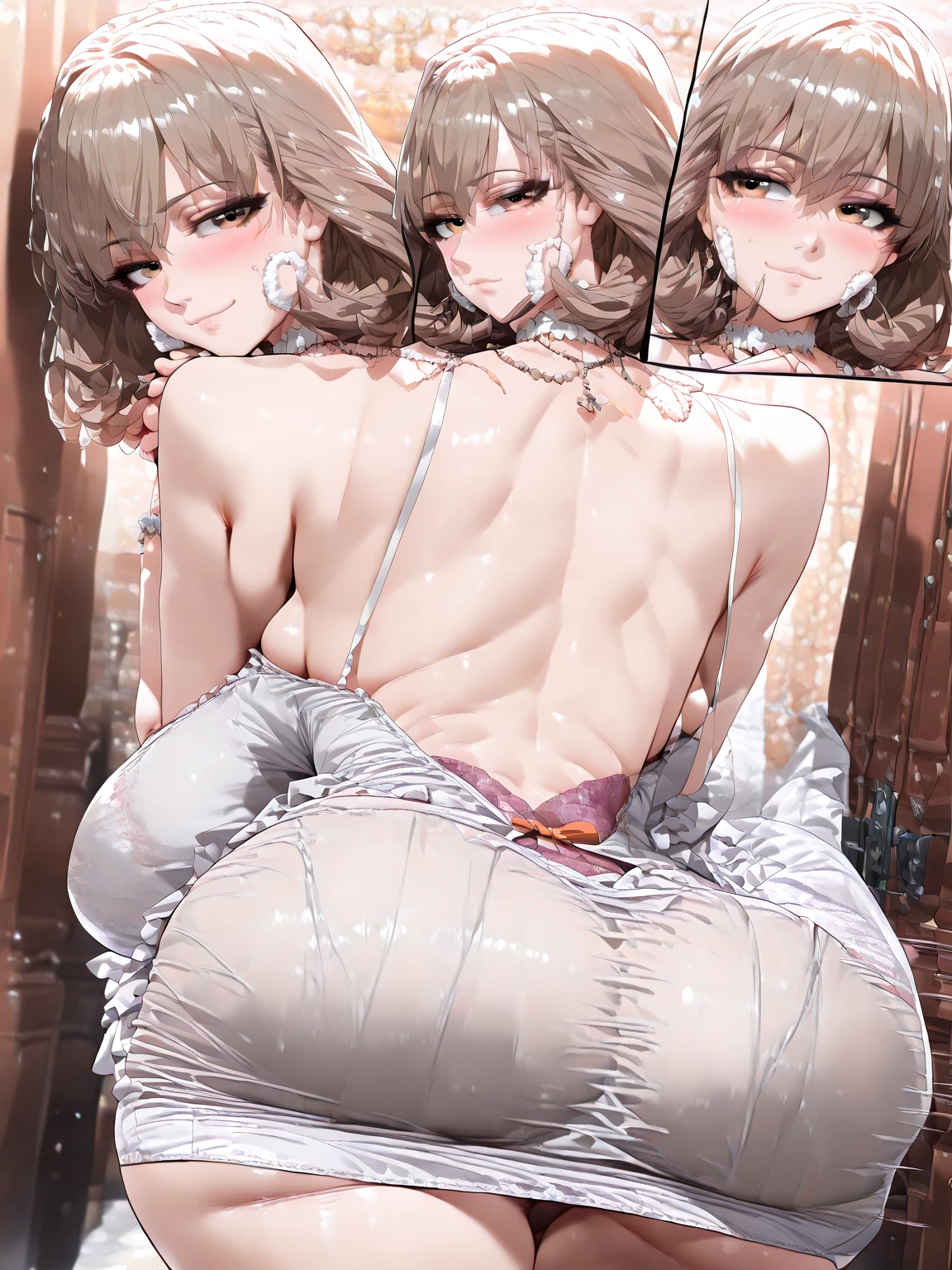 Beautiful, (masterpiece), (best quality), perfect eyes, perfect face, perfect light, 1 woman, multicolored hair, (light brown hair with white ends), large round eyes, light red eyes, (slim), clitoris, completely naked, light pink nipple, clear white skin, narrow shoulders, large breasts, waist, large hips, full thighs, beautiful slender legs, naked, standing in front of the mirror, vagina, short bob horse-faced haircut, sweat.