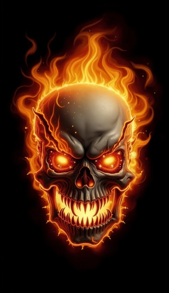 close-up, scull, burning eyes, dark background, flames in the eyes