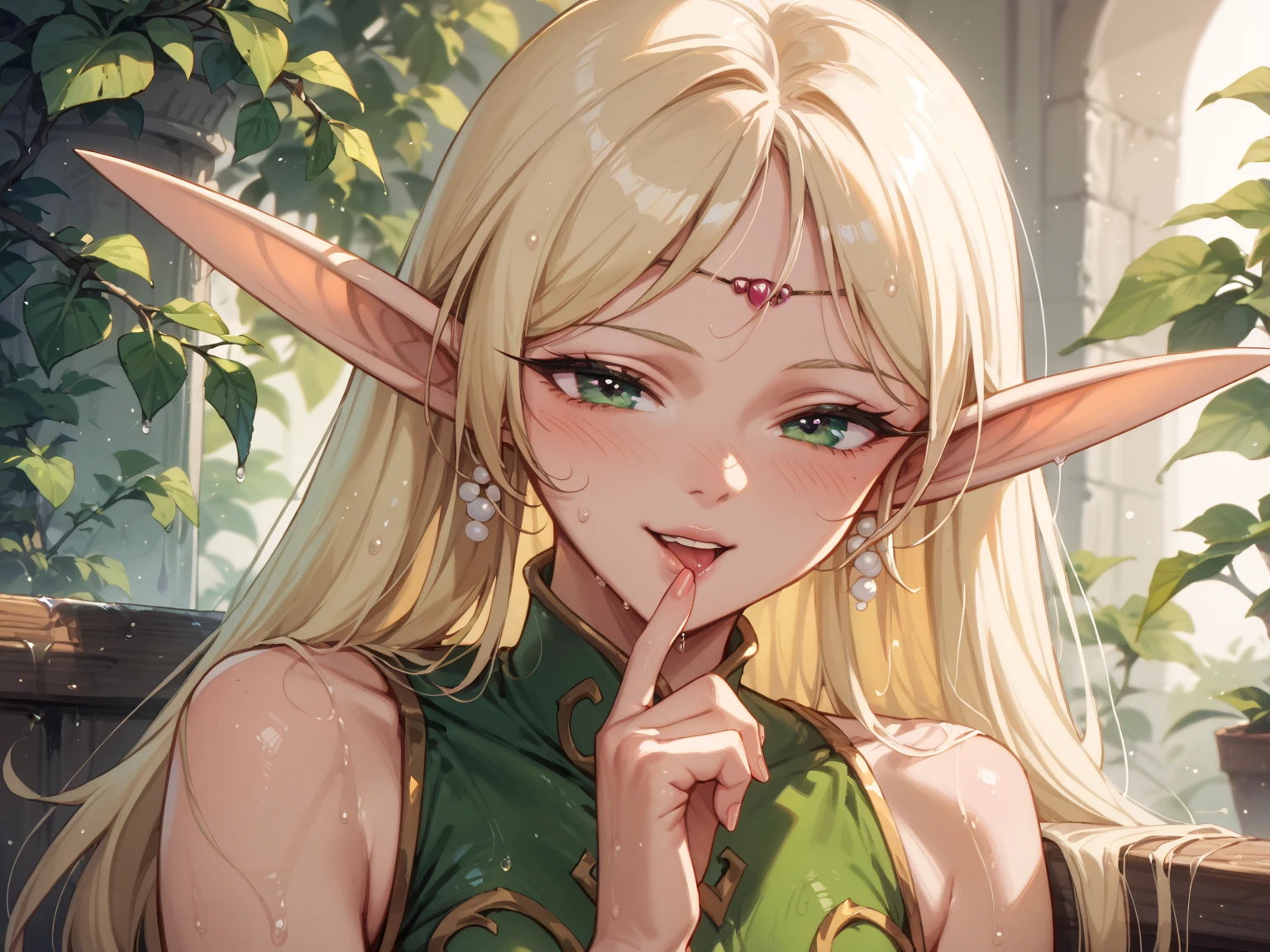 A sultry adult elf archer with long hair, clad in medieval attire, poses erotically in a dimly lit medieval room, her mouth slightly open in a playful smile, gazing at the viewer.