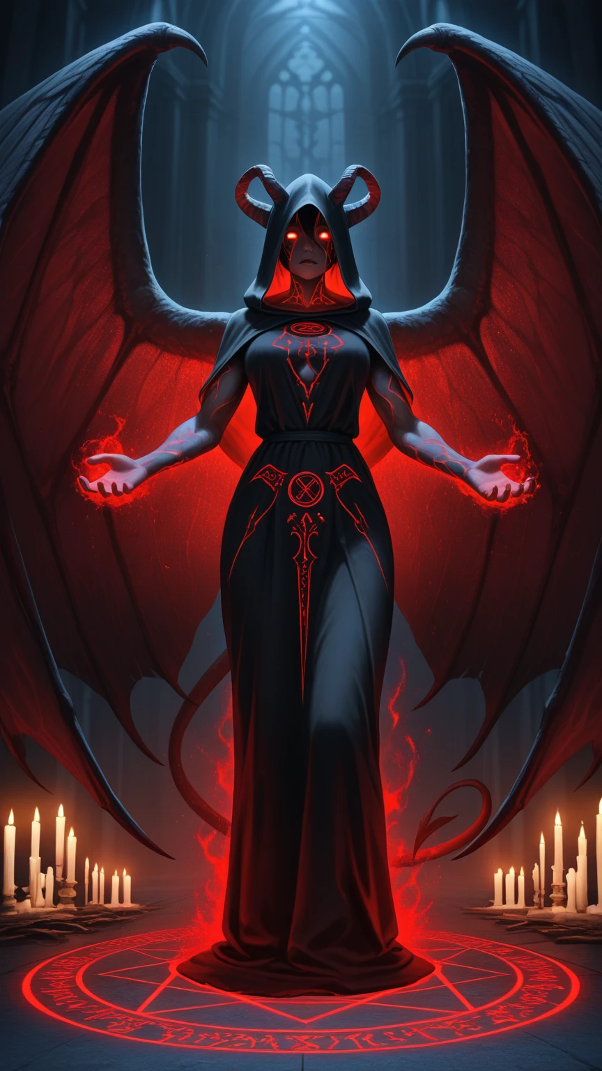 Bree Olson : The evil nun, Demon horn on the head, Demon wings in the back , an evil red glow emanating from her, His hands preparing a glowing sphere of purple energy, diabolique, insidieux, Context of the Satanic Church