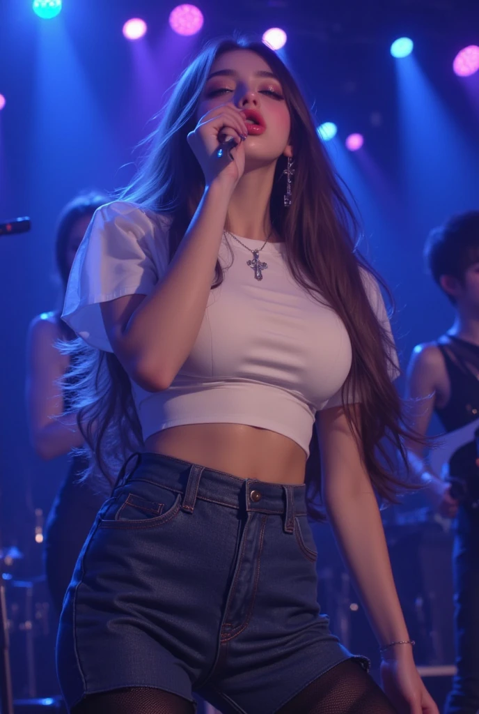 ((midnight, Need, 8K, tmasterpiece:1.3)), A whole body, Long legs, Focalors:1.2, Plump body,perfect figure beautiful woman:1.4,((Dark brown hair, huge tit:1.2 )), (Low-cut white T-shirt, Deep V white T-shirt,Skinny white T-shirt,blackstockings,short skirt), ((Nightclub,Karaoke)), crowd of,Highly detailed facial and skin texture, A detailed eye, 二重まぶた,wears glasses,crisp breasts,Smile with,Bigger breasts, Wavy hair,crisp breasts,Get wet,Sweat profusely,Red lips,Wear earrings,wearing a choker,Wear a bracelet,orgy,Rejoice,Hot dance,Perfect chest shape,drink,vibrancy,Heaty,wildness,huge tit,Bigchest