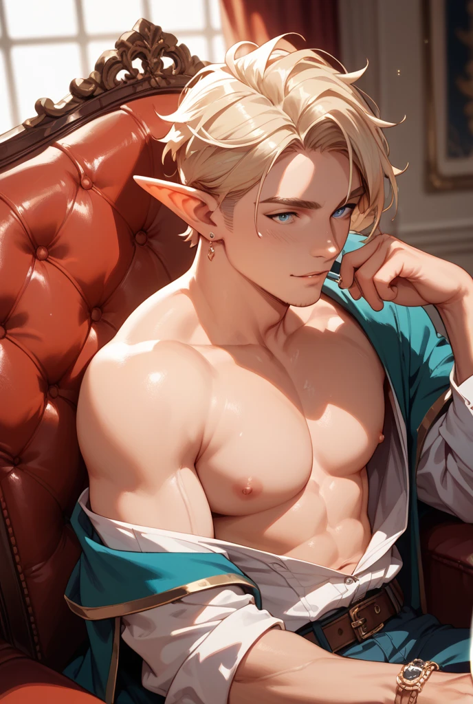 (hyper-realistic digital illustration), (perfect face:1.1), (high detail:1.1) one extremely handsome male elf (naked torso) wearing micro green g-string, mage long green cloak, clean shaved, front view, lying on his back, holding legs raised, athletic body, (white skin), bare chest, flat chest,(long green hair scruffy ), serene expression, small waist, muscular. best quality, high-resolution