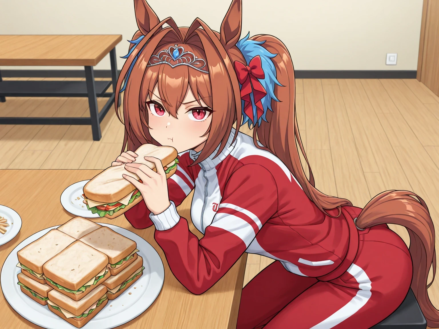 best quality,hyper-detailed, anime style,1girl,solo, side view, face look at viewer, dwstdef, horse tail, brown hair, hair intakes, hair between eyes, twintails, hair bow, red bow, tiara, animal ears, red eyes,medium breast,tracksuit,gym pants,Pouting face,Hold Sandwich, indoor room, Ceramic floors, walls, dining table, so many pile of sandwiches on the dining table