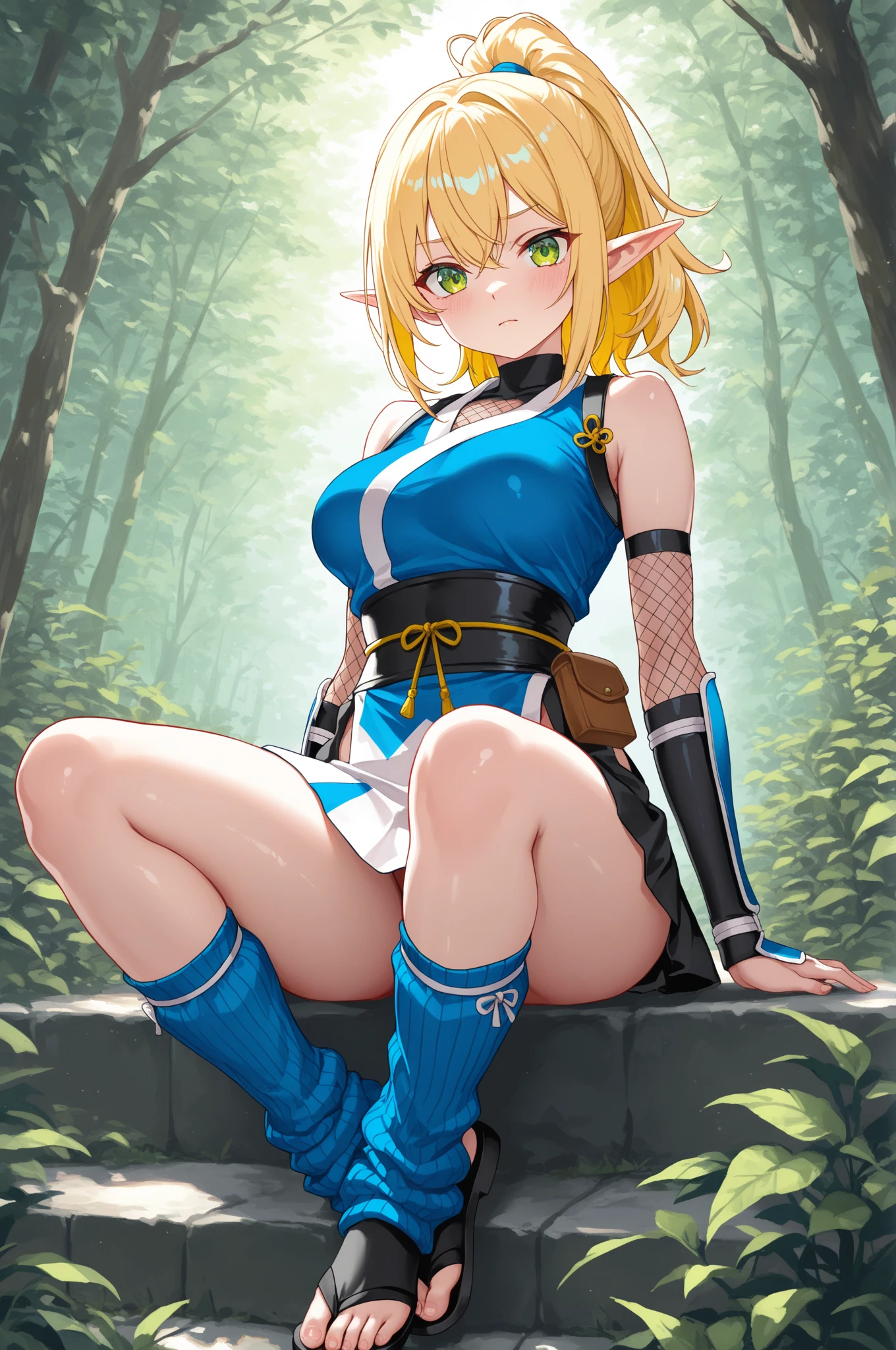 (Absurdres, master piece, best high quality image, very detailed features, very detailed textures, carefuly detailed with no deformed parts in all the artwork, solo character alone, full character view)
{{(1character: Elf woman milf: fair skin, golden blonde yellow long hair tied in a high ponytail, light blue eyes, beauty, beautiful face, beautiful features, big breasts, voluotuous figure, big butt, beautiful arms, beautiful legs), (pink sport headband, one-piece leotard, pink long socks, pink runner shoes, pink wristbands), (cheerful, happy laughing, lovely, carefree), (crouched in the forest during a sunny day)}}