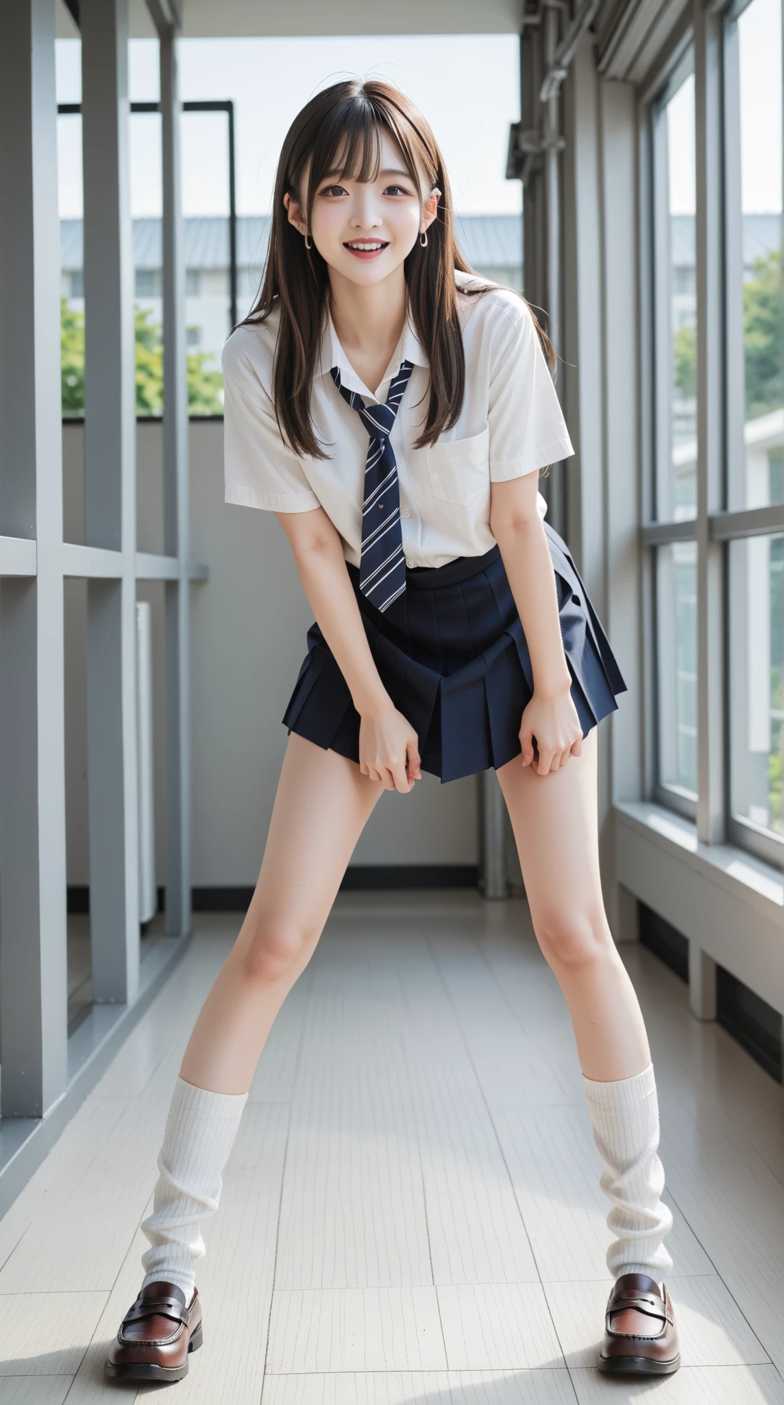 1 Female、(alone:1.5)、(so beautiful)、(Beautiful Face:1.5)、(Detailed face:1.5)、(Detailed eyes:1.1)、(Detailed lips:1.1)、(Detailed nose:1.1)、high school girl、(Fight off molesters with karate techniques:1.5)、(high quality karate)、(kick high:1.5)、(High School Uniform:1.5)、(White shirt:1.5)、(tie:1.5)、(dark blue skirt:1.5)、(White panties:1.6)、(Espadrilles:1.6)、compensate、brown hair、Sidewalk in Shibuya、sky seen from below、(At S.F.W.:1.5)