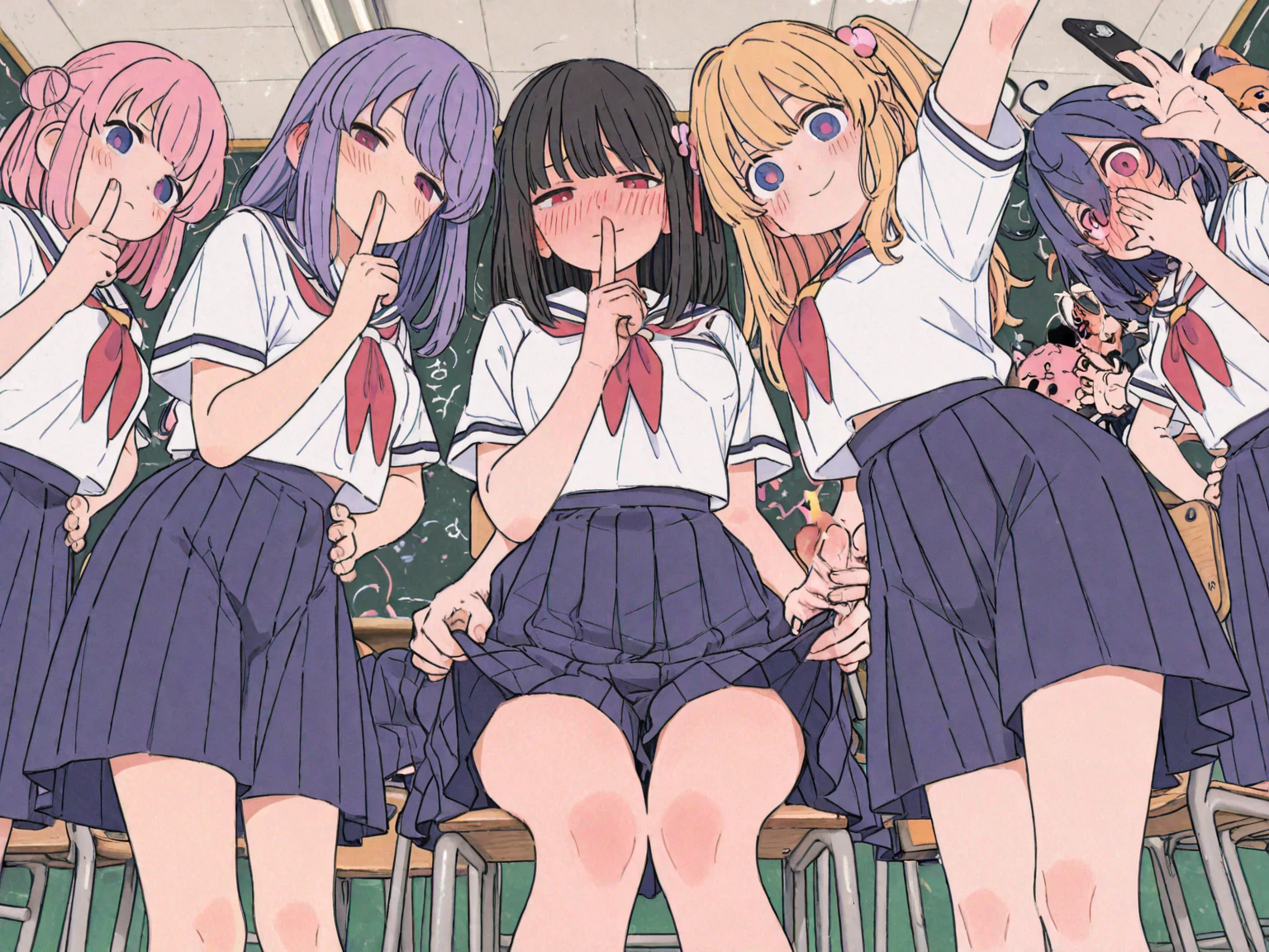 (8K,best quality,master piece:1.2),super high resolution,colorful pop anime,3girls,group picture,ultra-detailed face,detailed brown round eyes,sparkling pupil,,park,naughty face, sit on bench,(skirt lift,show white panties),from below,