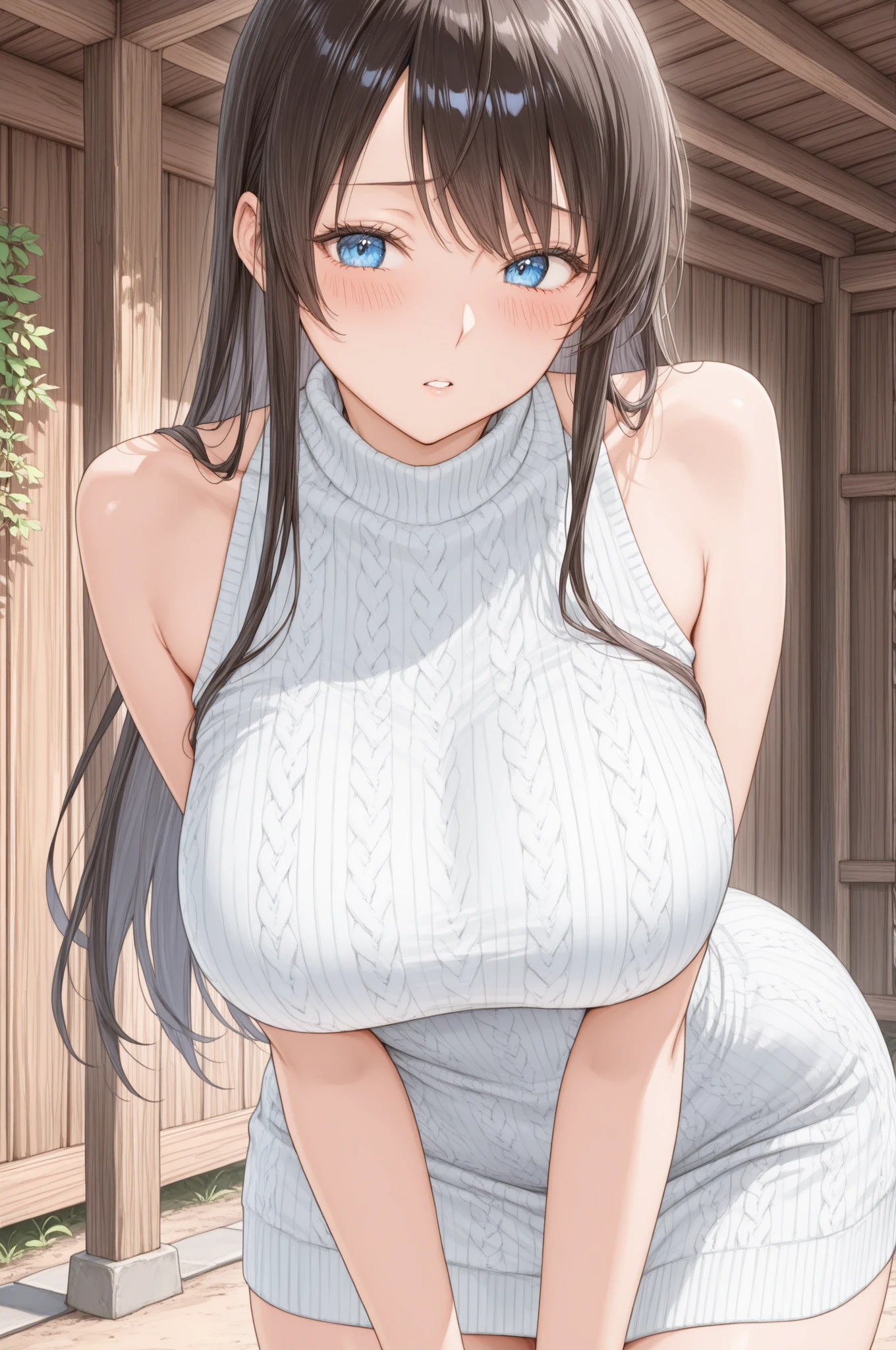(Highest quality、Masterpiece、Very detailed、8K)、One Woman、18-year-old、Big Breasts、Virgin-killing sweater、((sitting cross-legged))、((indian style))、(sitting)