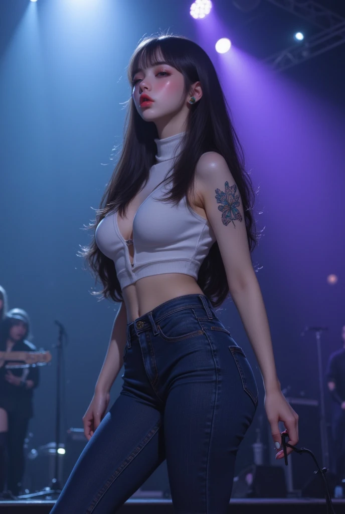 Hot woman, tight ripped jeans, blue bra, velvet Blazer, tight zippers corset,big hoops earing, military flat cap, necklace, curvy, standing pose at pole stage at stripclub,
