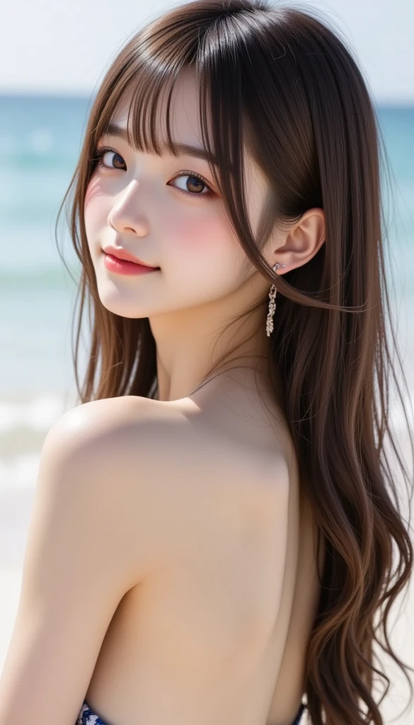 Beautiful Japanese Women　　Intricately colored fine hair　　Black Hair　　Long Hair　　Delicate and beautiful eyes　Smooth and soft skin　　A kind smile　　Small breasts　　nude　 　whole body　　Face thinning　　Beautiful woman,(Dark brown hair)　　Highly detailed face,　　Delicate eyes　　double eyelid　　standing on a beautiful beach　　Asahi　Professional Photographer　Professional Lighting