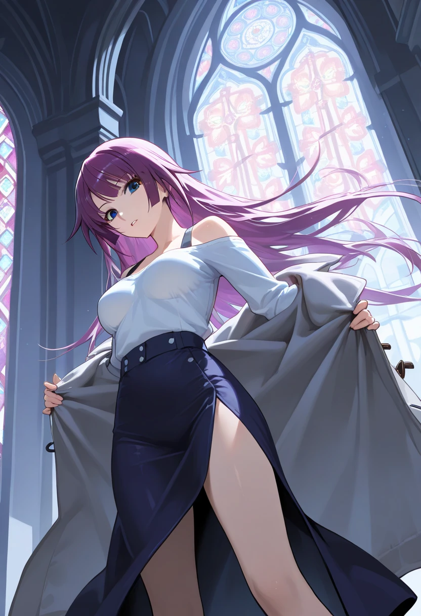 (highest quality, masterpiece),sexy, erotic, 1 girl, 18-year-old, despise, pride, purple long hair, ((purple eyes)), looking at the viewer, medieval tabernacle, (Are standing), ((((dark room)))), Sweat, ((cleavage)), ((skirt lift)), white dress, ((panties)), from below, looking at the viewer, warm light