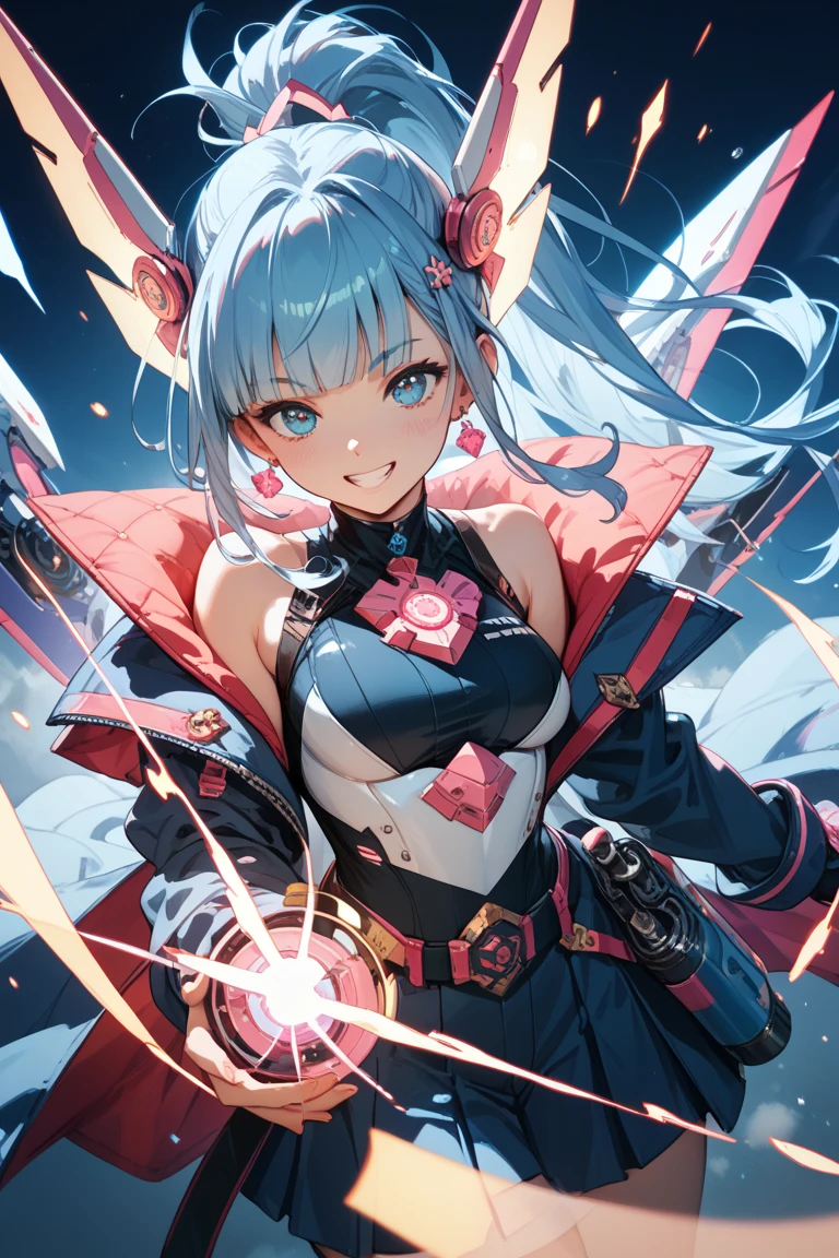 Senketsu Illustration,portrait of a magical girl,Flat anime style,Lovely trendy girl,with long pink curly hair,white skin,jinx,Draw a light on a blue,faced k-pop girl,(masterpiece:1.2),hi-res,4k,extremely delicate and beautiful art,pastel color,jinx_/(league of legends/),pink eyes,blue hair,portrait,
