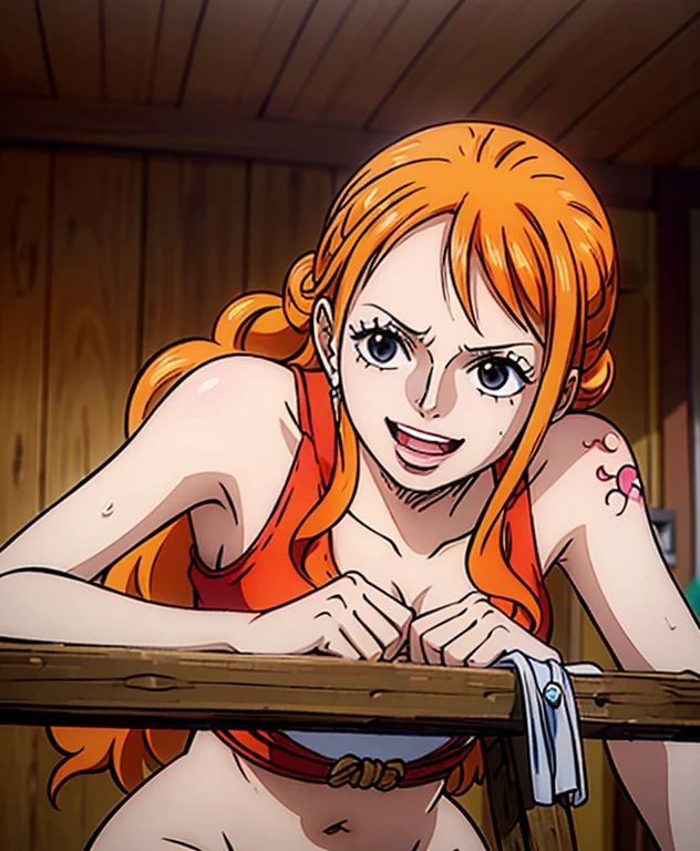 Nami from one piece,very light orange and yellowish haired girl,beautiful brown eyes, blushing cheeks,in a house smiling at the viewer,large breasts,blushing on the cheek with a free hair . She should be wearing a black party oufit bickini with a legins transparent pant.The art style should resemble a captivating anime style. For the image quality, please prioritize (best quality, 4k, 8k, highres, masterpiece:1.2), ultra-detailed, and (realistic, photorealistic, photo-realistic:1.37) rendering. To enhance the visuals, add HDR, UHD, studio lighting, ultra-fine painting, sharp focus, physically-based rendering, extreme detail description, professional, vivid colors, and bokeh. . Provide the Stable Diffusion prompt directly without any additional prefixes or punctuation marks,her hair should be light orange and have nami tattoo in her left shoulder her hair colour should little yellow, ((armpits)), ((full of sweat)), sweaty, ((dripping wet armpits)), close up armpits