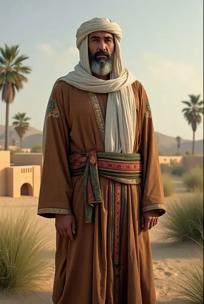 "Create an image of a man, based on the given photo, dressed in traditional Arabic clothing. He should be wearing a white thobe (a long robe) with a keffiyeh (a traditional headscarf) draped over his head, held in place by an agal (a black cord). The background should include an Arabic-style setting, such as an ancient desert city with sandstone buildings, intricate archways, and palm trees. The color palette should include warm tones like sandy beige, gold, and earthy browns."