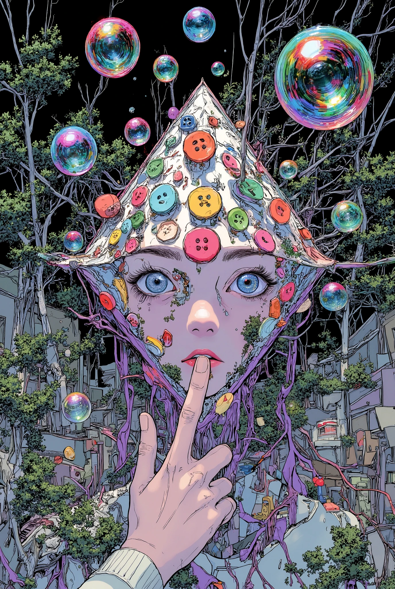 A beautiful world filled with bubbles reflecting like squares, they fly around a girl who wants to touch them with her finger, around different black plants like algae, and the earth is in the form of a beautiful diamond with multi-colored buttons, and the world itself is grey-green with a layer of purple metal, houses are like cardboard boxes with the door ajar, trees look round with swirling pods in different directions, look beautiful, masterpiece, better quality, high quality, complex details, clearly, Cinematic style, ultra-high quality resolution, Surrealism, crazy, beautiful psychedelic style, unexpected, is not an order, roof demolition, An attractive atmosphere, fun , such an amazing, wonderful,