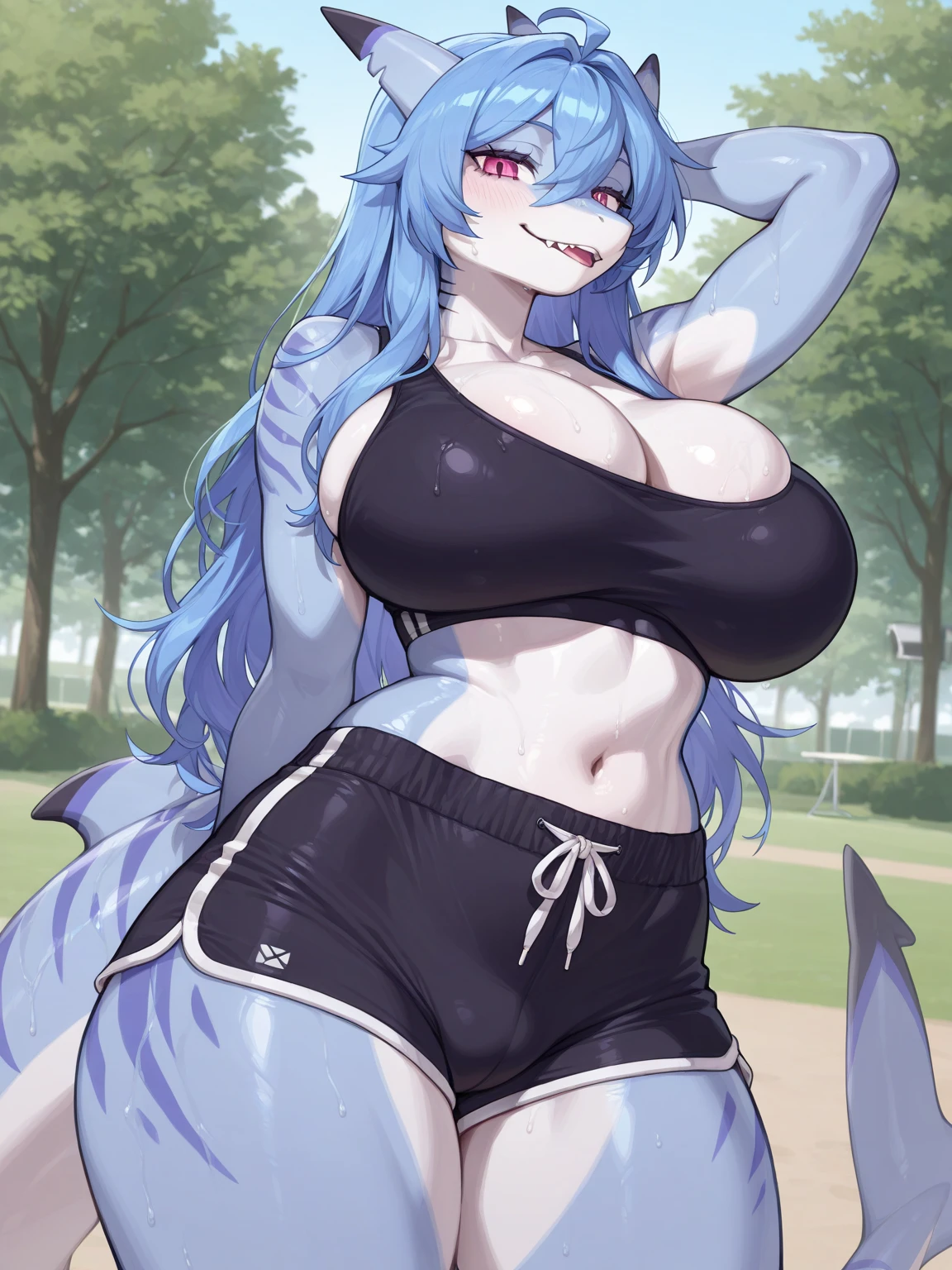 Shark girl, very sexy, big breasts, Denim short, white bra, shorts
