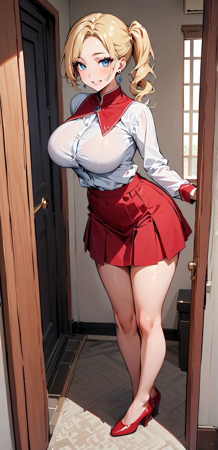 A women wearing school uniform, she is wearing short skirt, she have blue eyes and long ponytail, her collar bone is visible, she have big breast and her cleavage, she have slim waist and thick thigs, she is wearing toned stockings on her thighs, she is standing near window, with hands behind her back, she is leaning slightly forward, natural sunlight coming from window, full theme image, 8k, high resolution, super detailed skin, super detailed eyes, ultra resolution, high quality, 