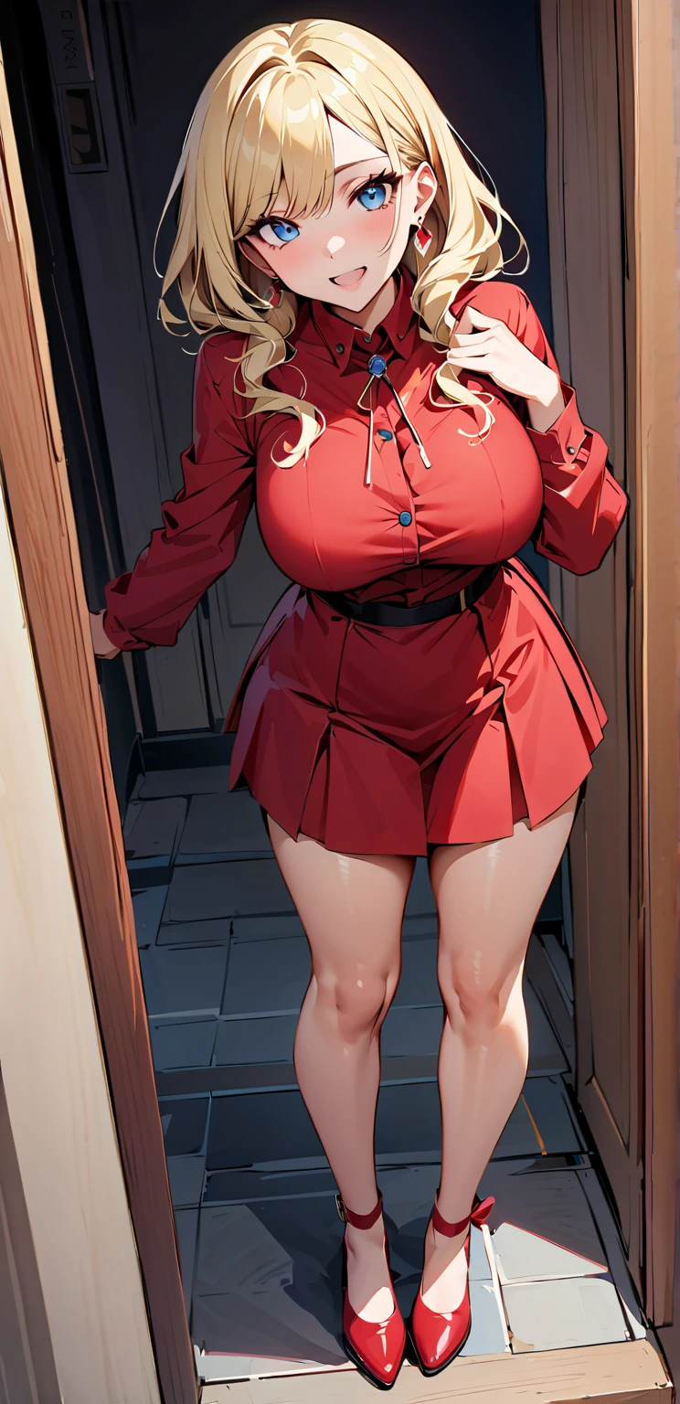 An extremely beautiful stunning woman with a perfect busty body, gold blonde long silky hair, big blue eyes, extremely super bright snow white fair stunning flawless glowing lush shiny white skin, a perfect tight hourglass figure, and a skinny waist, sexy thick smooth luscious legs and thighs, extremely cute smile on the face, bright pink blushes on cheeks, wearing a short revealing brown floral dress with a white off-shoulder shawl, pink flipflop sandals, gold necklace on the neck, gold anklets on feet, standing straight, holding a red rose, living room in the background, show full body from head to feet.
