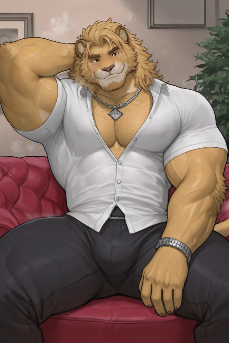 Lion, good looking, male, anthro, ultradetailed, muscular, solo, bareness, rippling muscles, muscles, living room background, tail, smiling, pants, big pecs, bara,