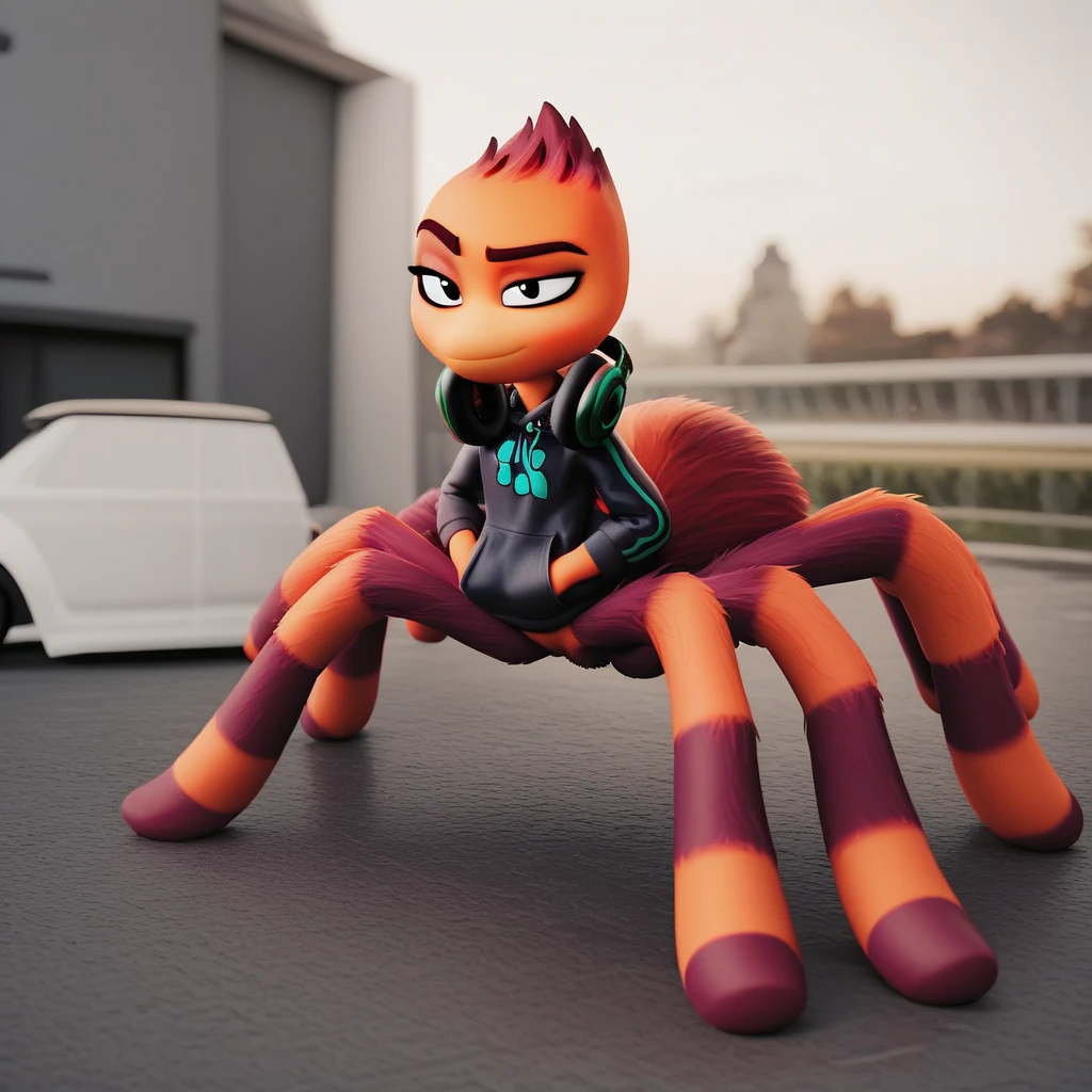 Realistic, well-proportioned female humanoid pokemon suit made of shiny rubber material. She is about to pounce. Full body, from an angle looking down from directly behind.